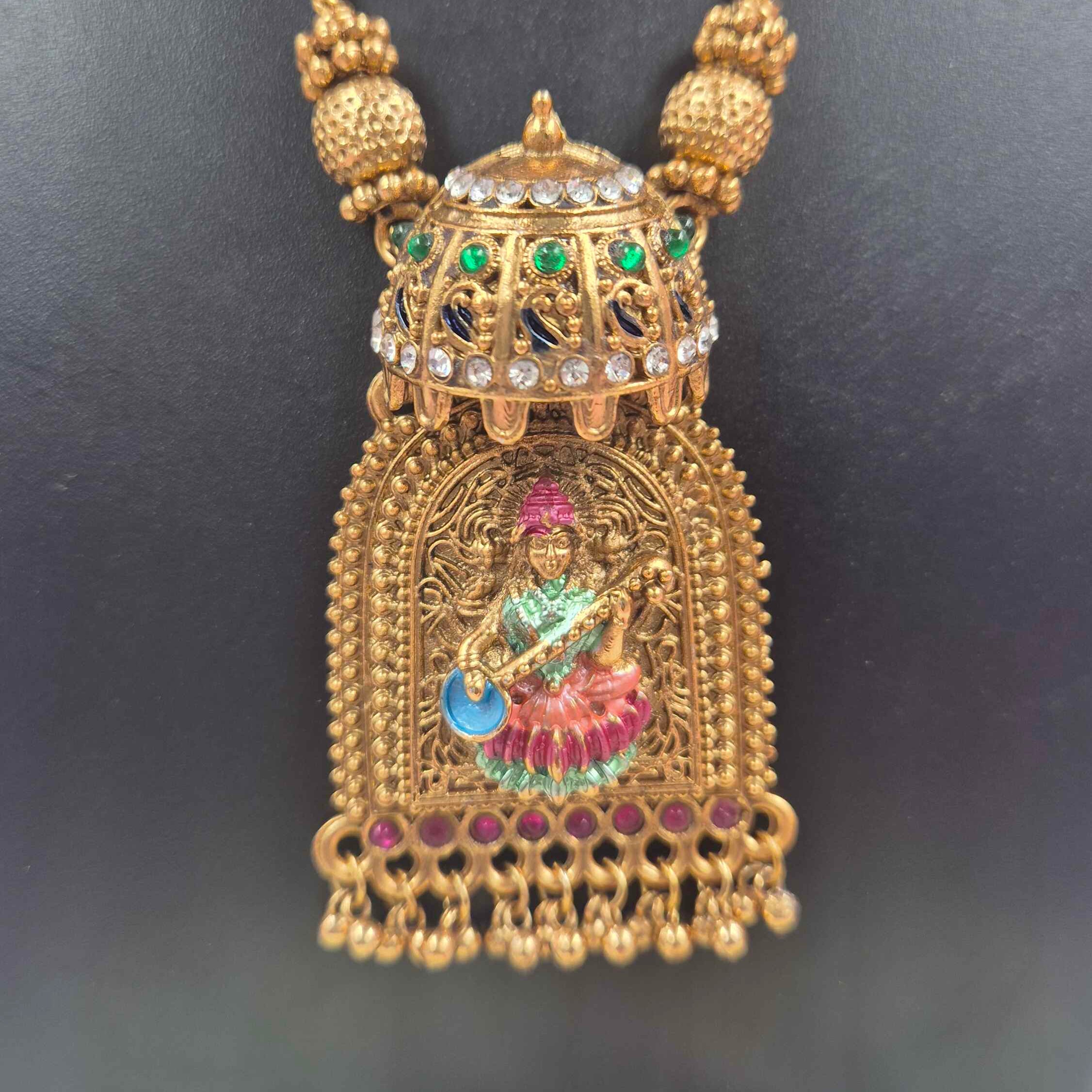 Antique Gold Saraswati Temple Long chain Set with Designer Pendant & Matching Earrings