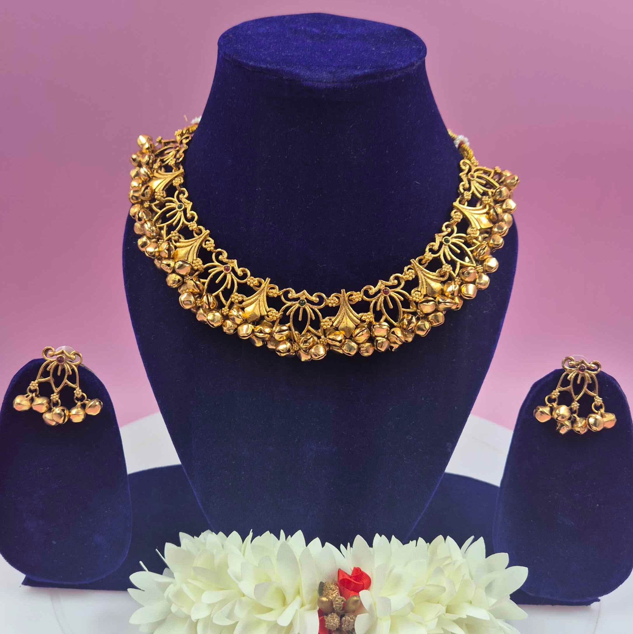 Antique Gold Ghungroo Choker Set with Matching Jhumka Earrings – Traditional Ethnic Jewelry