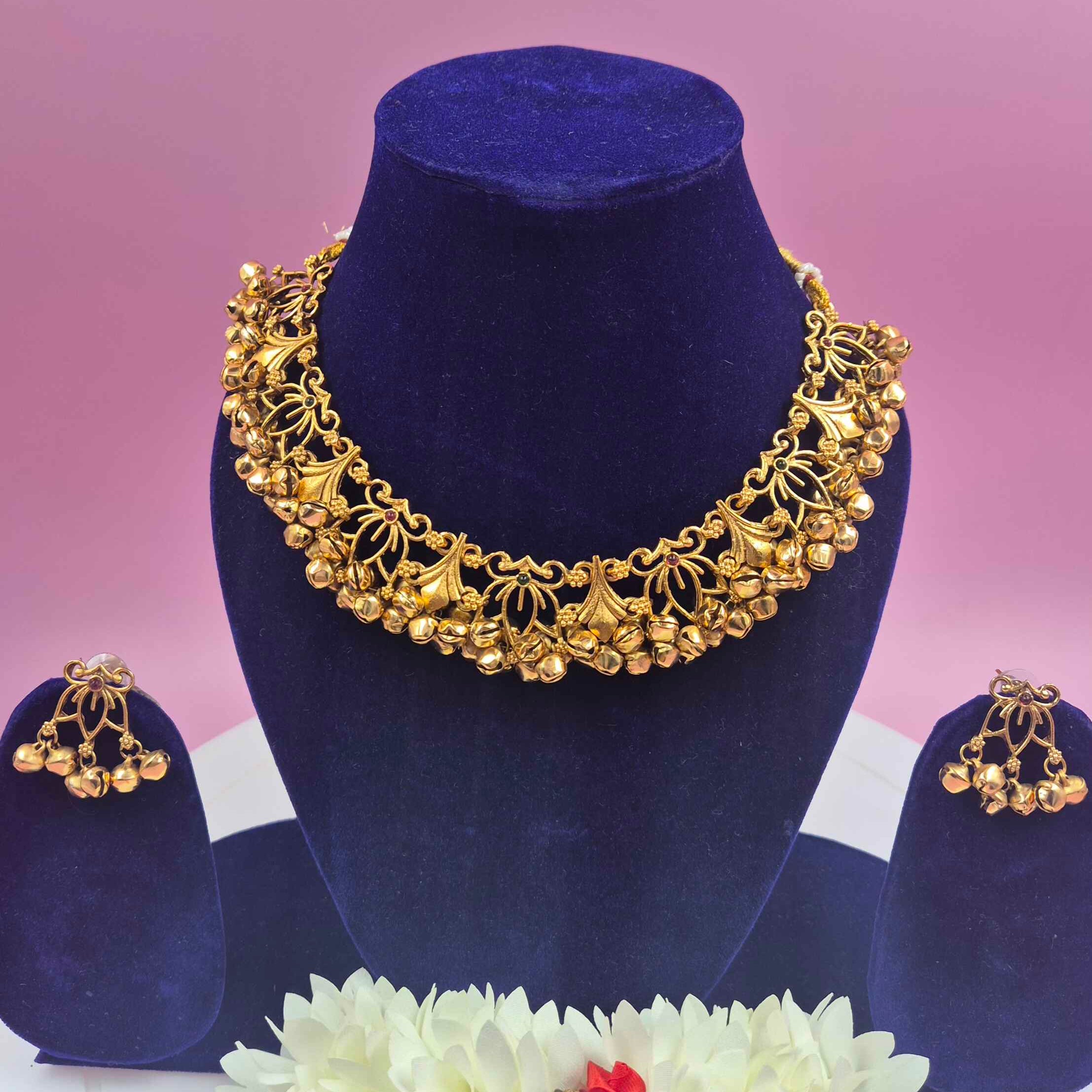 Antique Gold Ghungroo Choker Set with Matching Jhumka Earrings – Traditional Ethnic Jewelry