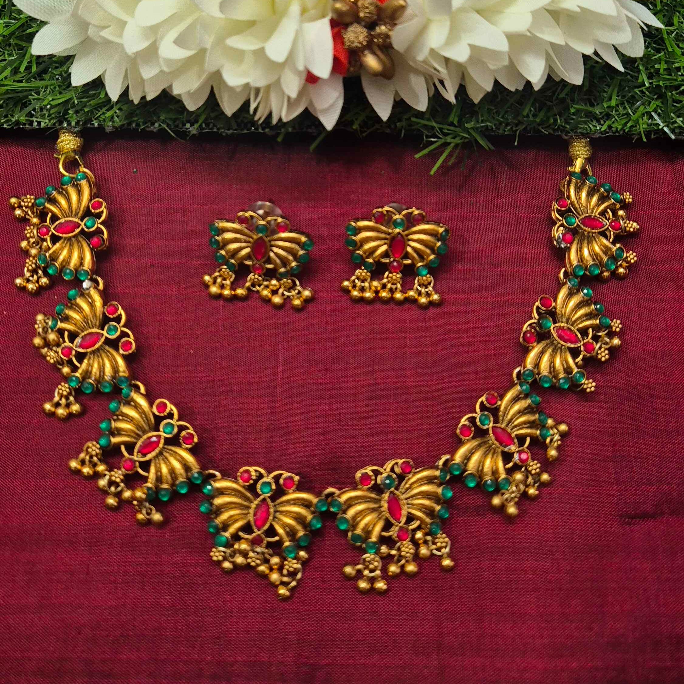 Butterfly pattern Gold Ruby & Emerald Stone Choker Necklace Set with Matching Earrings  SEO Description: