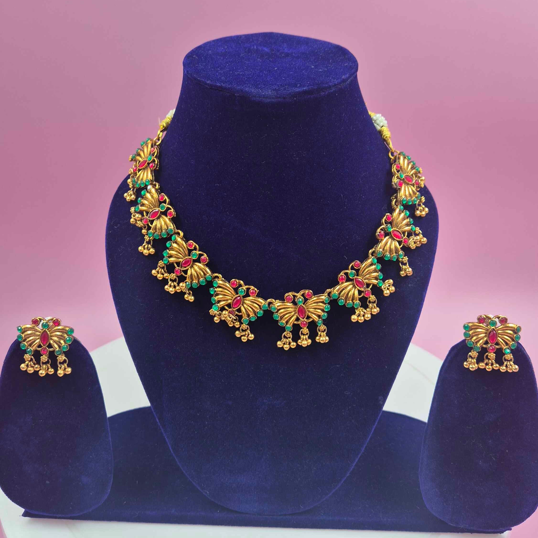 Butterfly pattern Gold Ruby & Emerald Stone Choker Necklace Set with Matching Earrings  SEO Description: