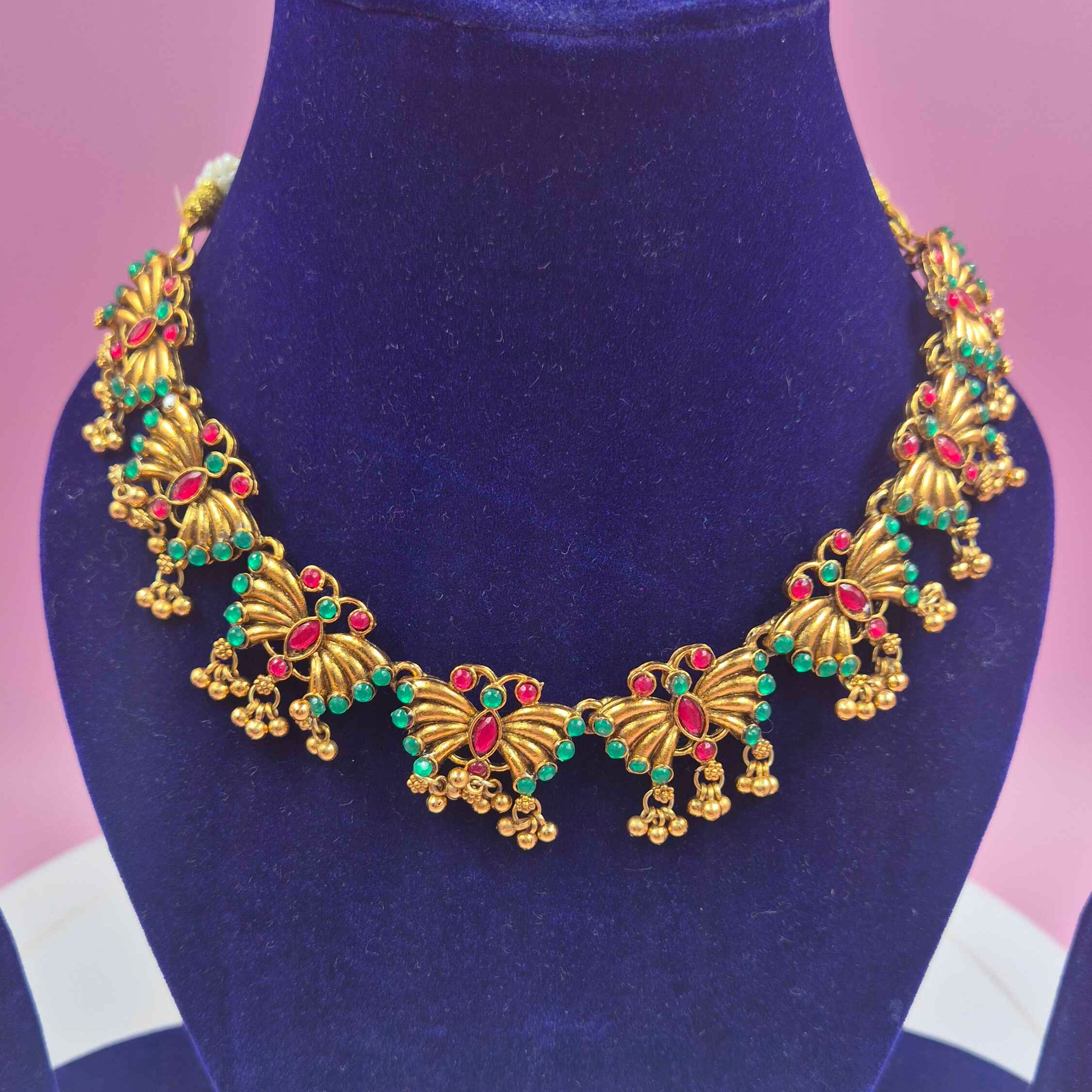 Butterfly pattern Gold Ruby & Emerald Stone Choker Necklace Set with Matching Earrings  SEO Description: