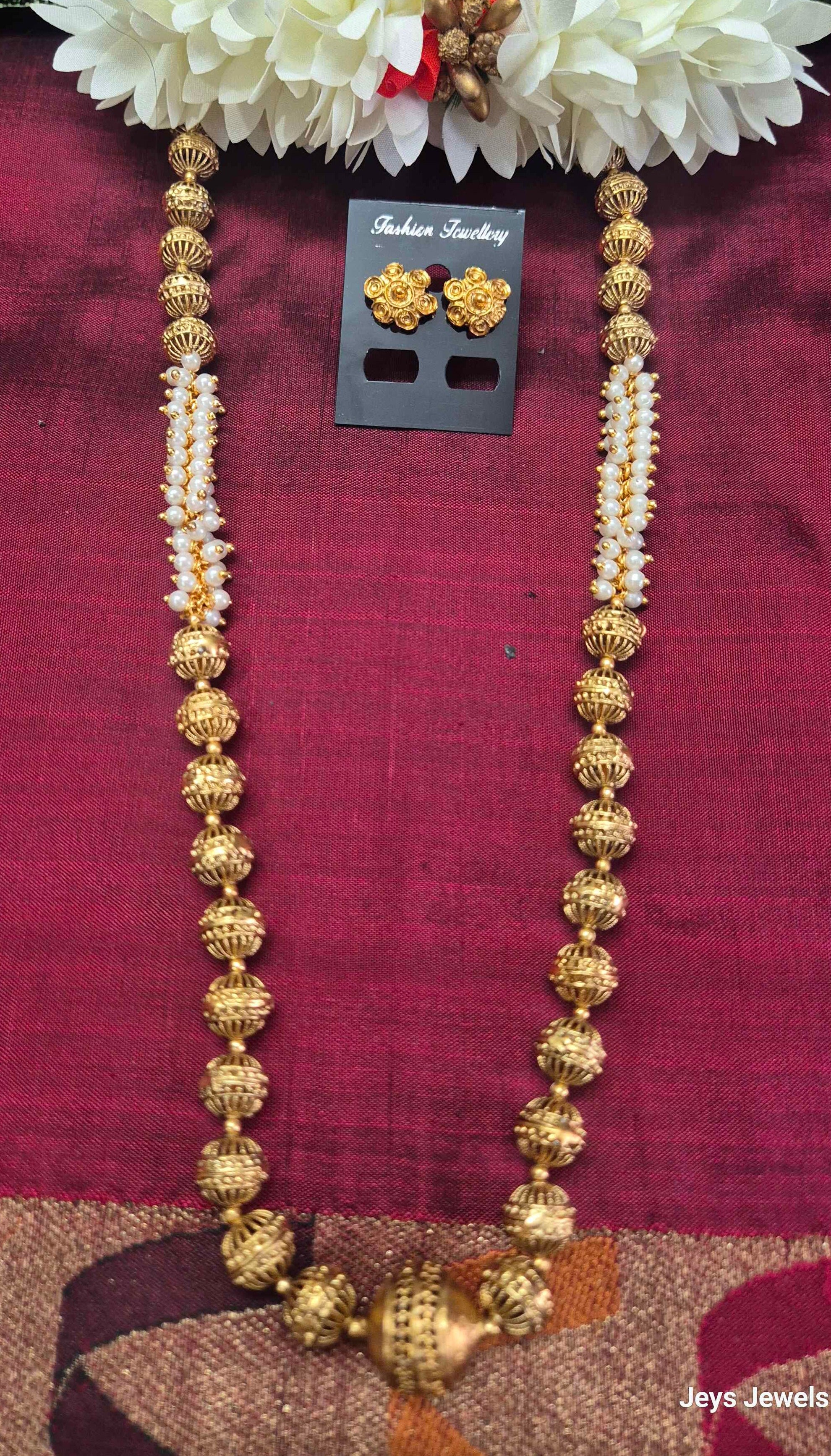 Antique Gold Beaded Long Haram Necklace Set with Pearl Accents & Matching Stud Earrings