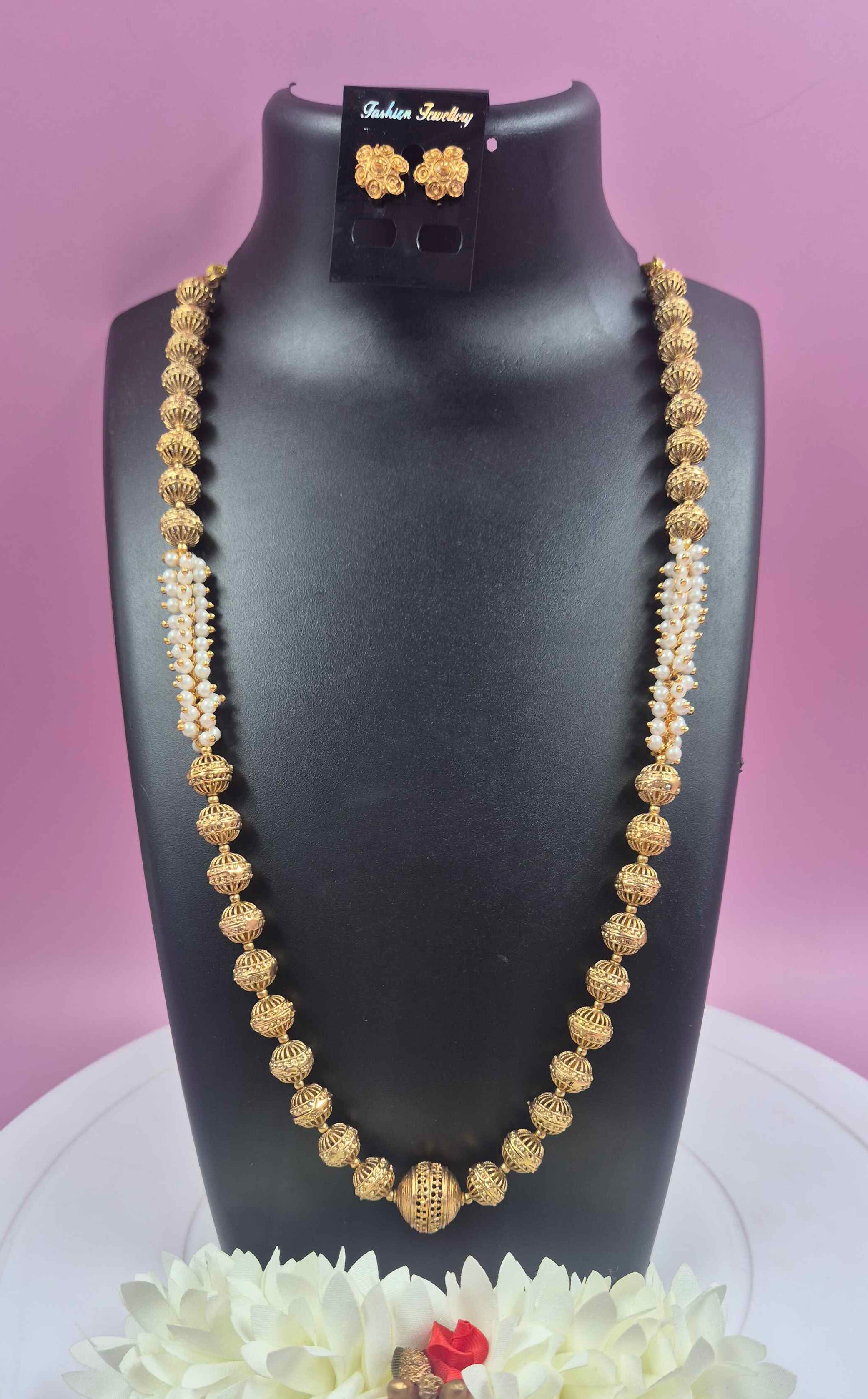 Antique Gold Beaded Long Haram Necklace Set with Pearl Accents & Matching Stud Earrings