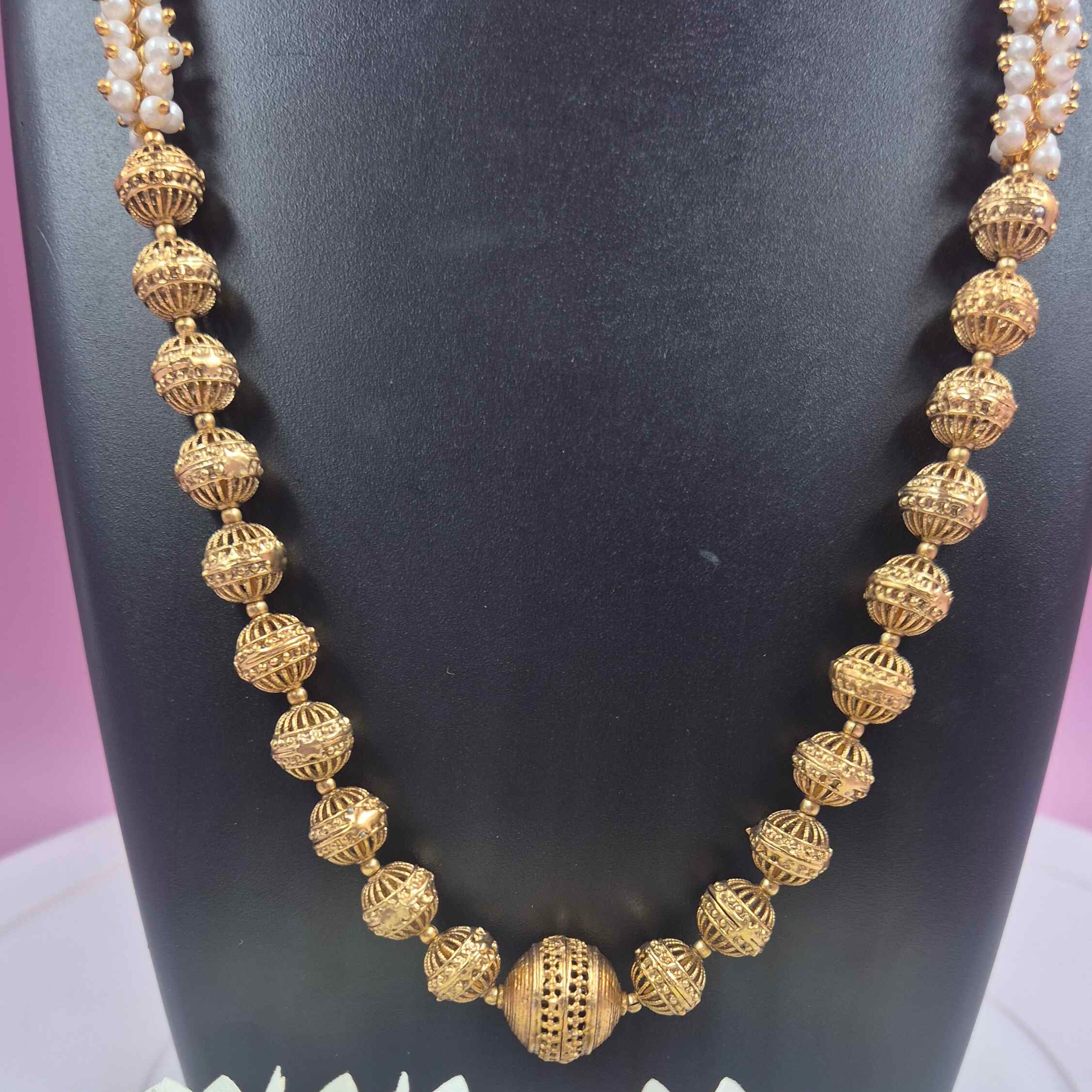 Antique Gold Beaded Long Haram Necklace Set with Pearl Accents & Matching Stud Earrings