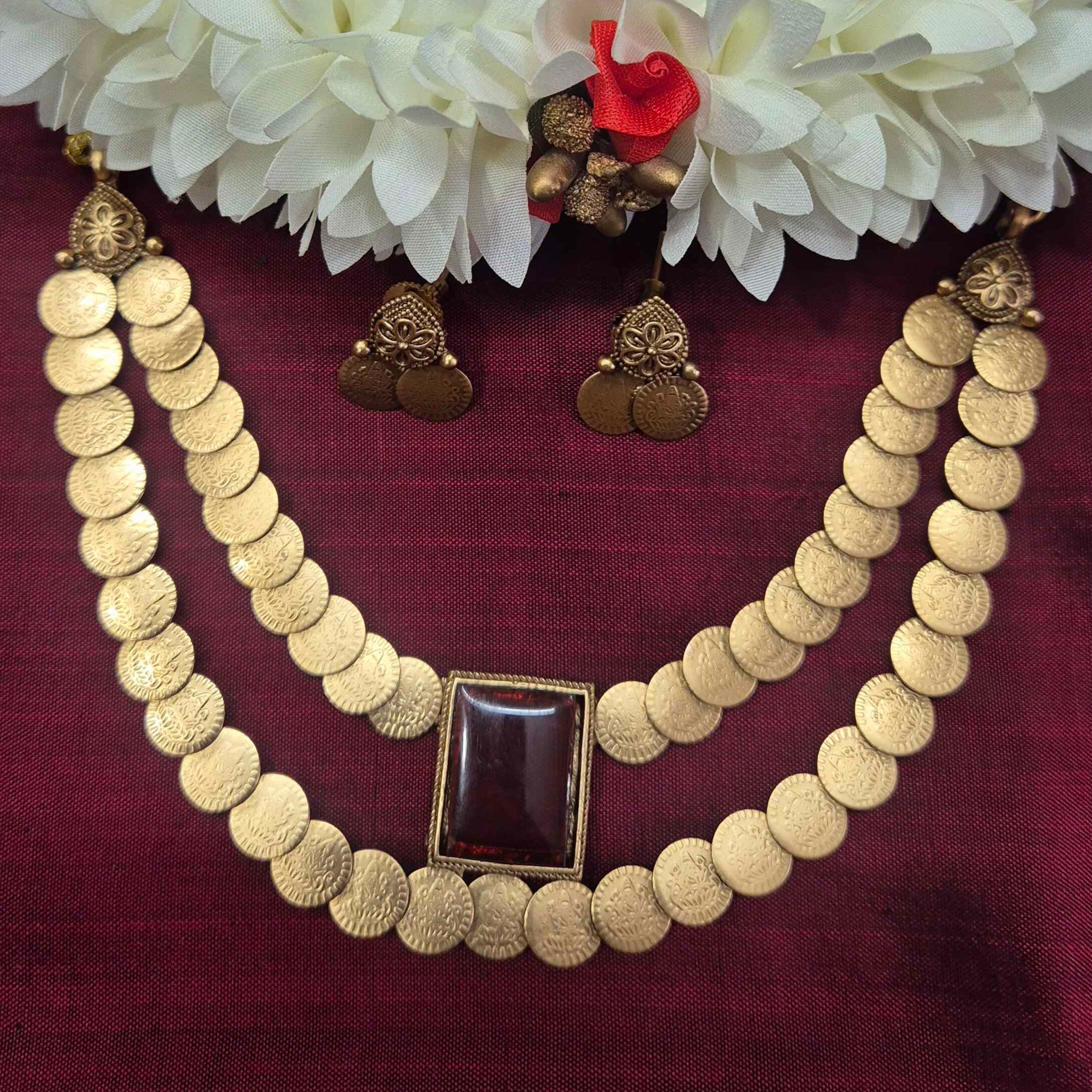 Antique Gold Coin DOUBLE Layered Necklace Set with Ruby Stone Centerpiece & Matching Earrings