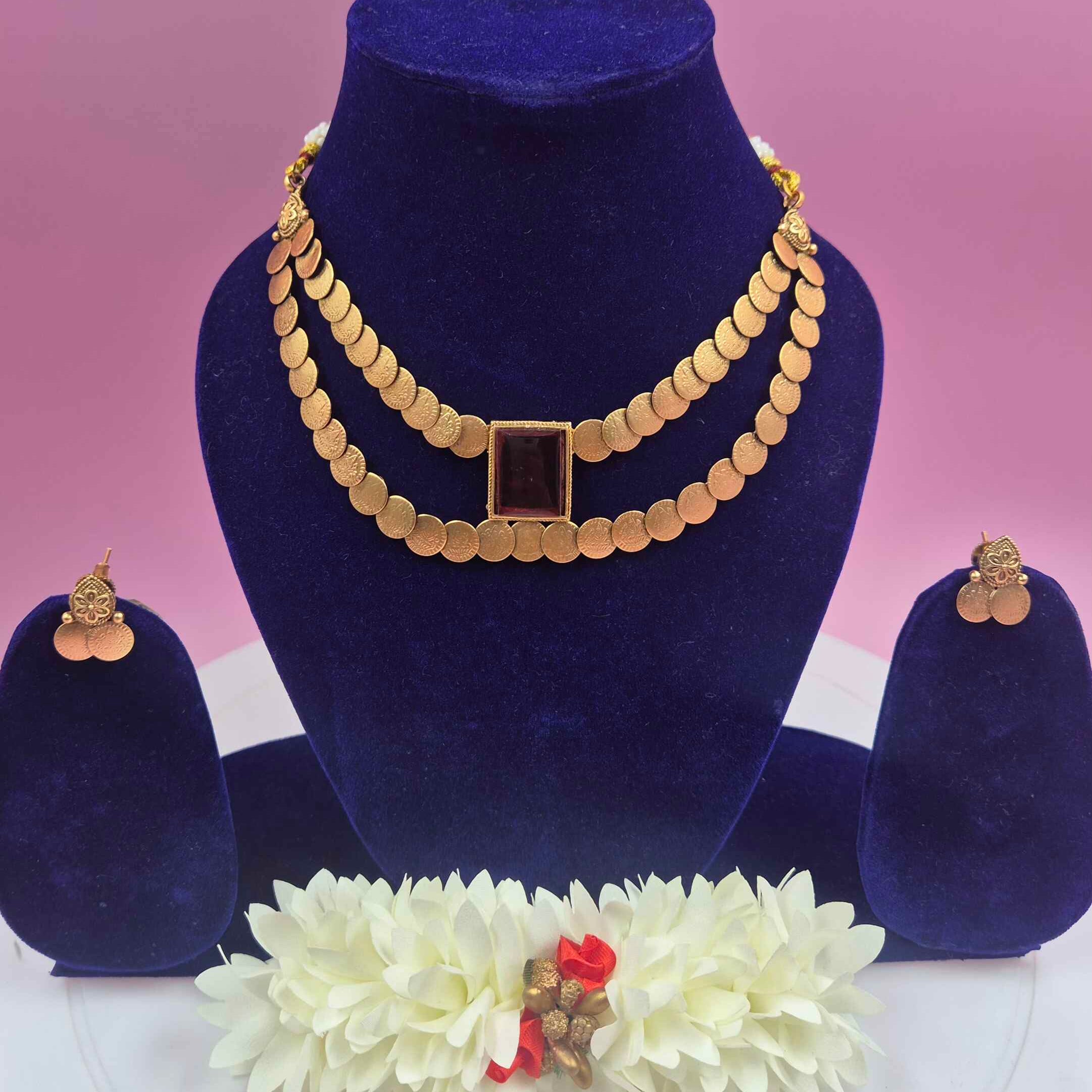 Antique Gold Coin DOUBLE Layered Necklace Set with Ruby Stone Centerpiece & Matching Earrings