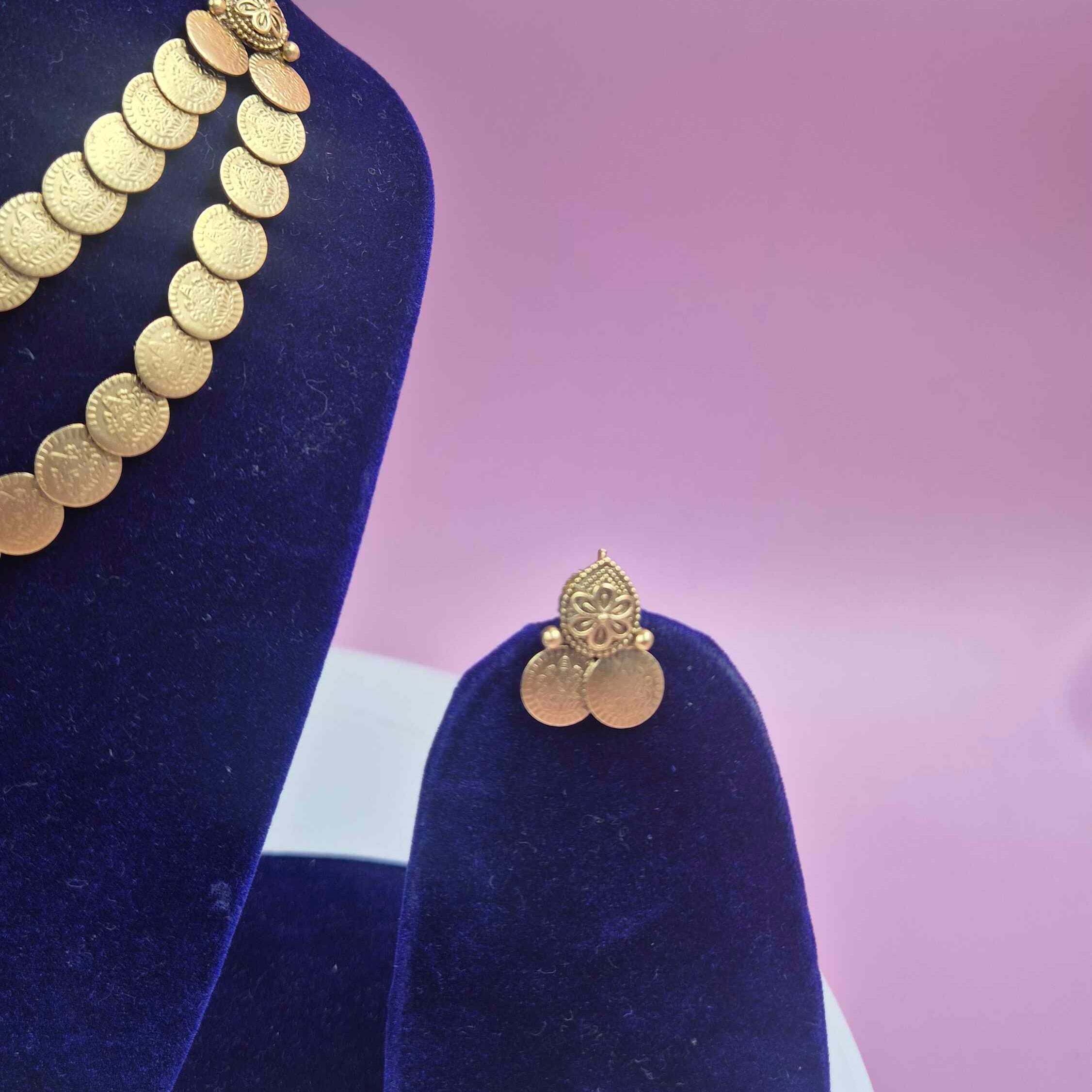 Antique Gold Coin DOUBLE Layered Necklace Set with Ruby Stone Centerpiece & Matching Earrings