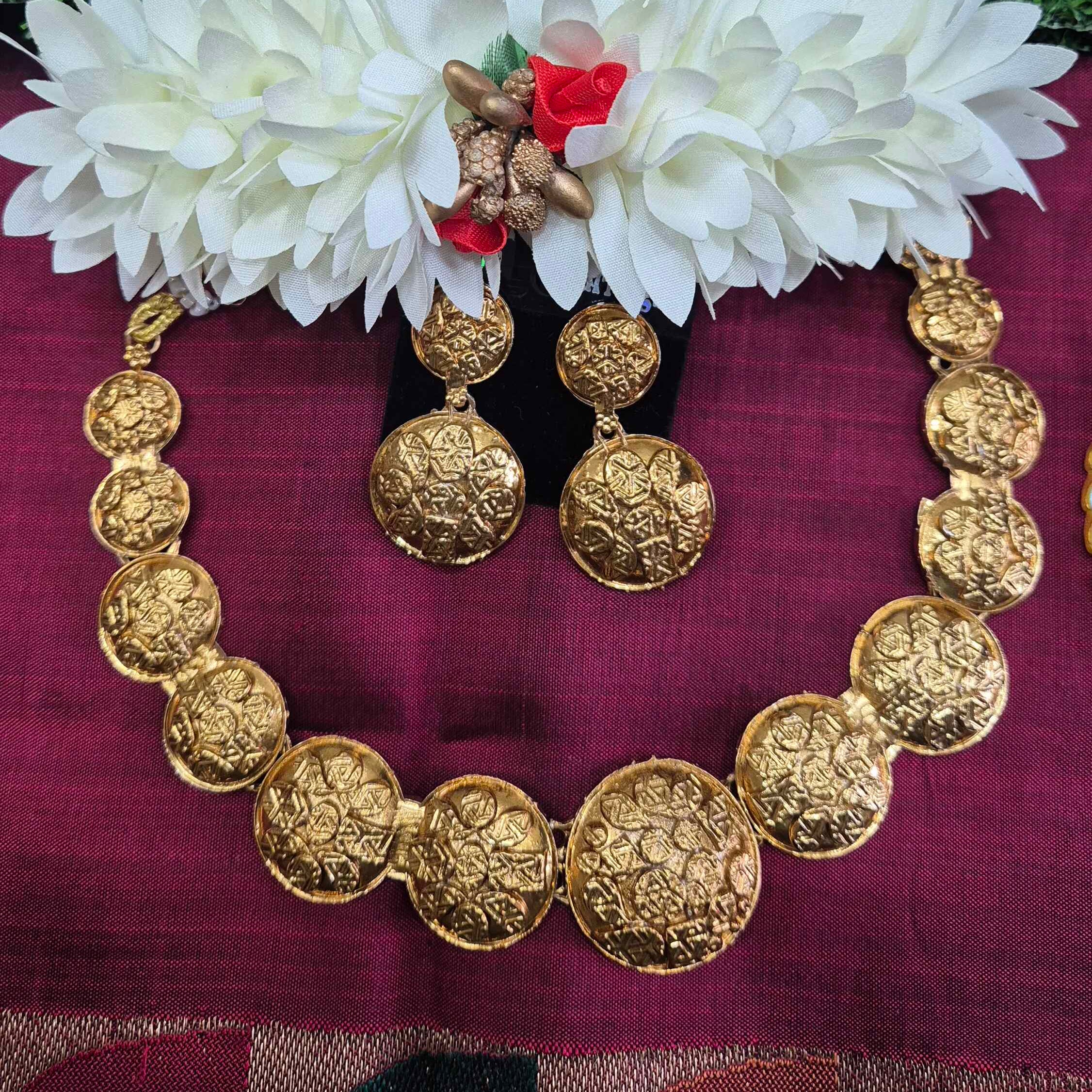 Premium Gold Textured Disc- Statement Necklace Set with Matching Drop Earrings