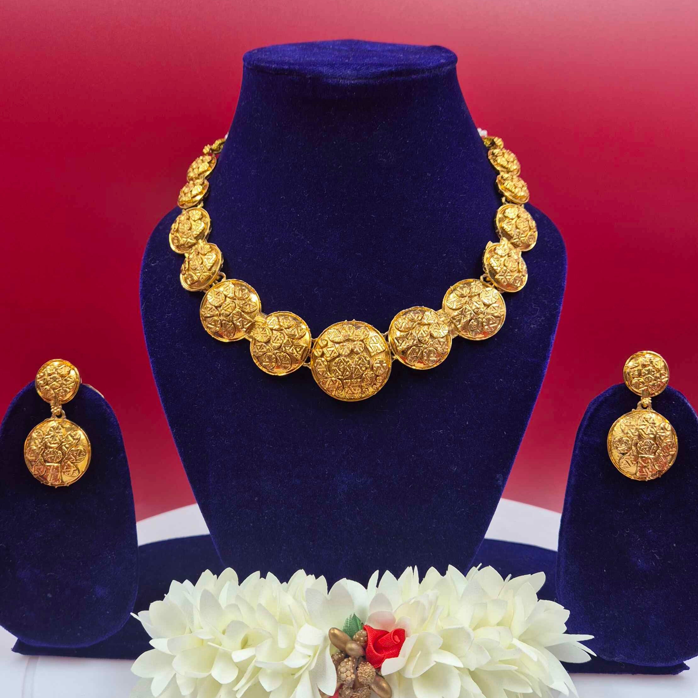 Premium Gold Textured Disc- Statement Necklace Set with Matching Drop Earrings