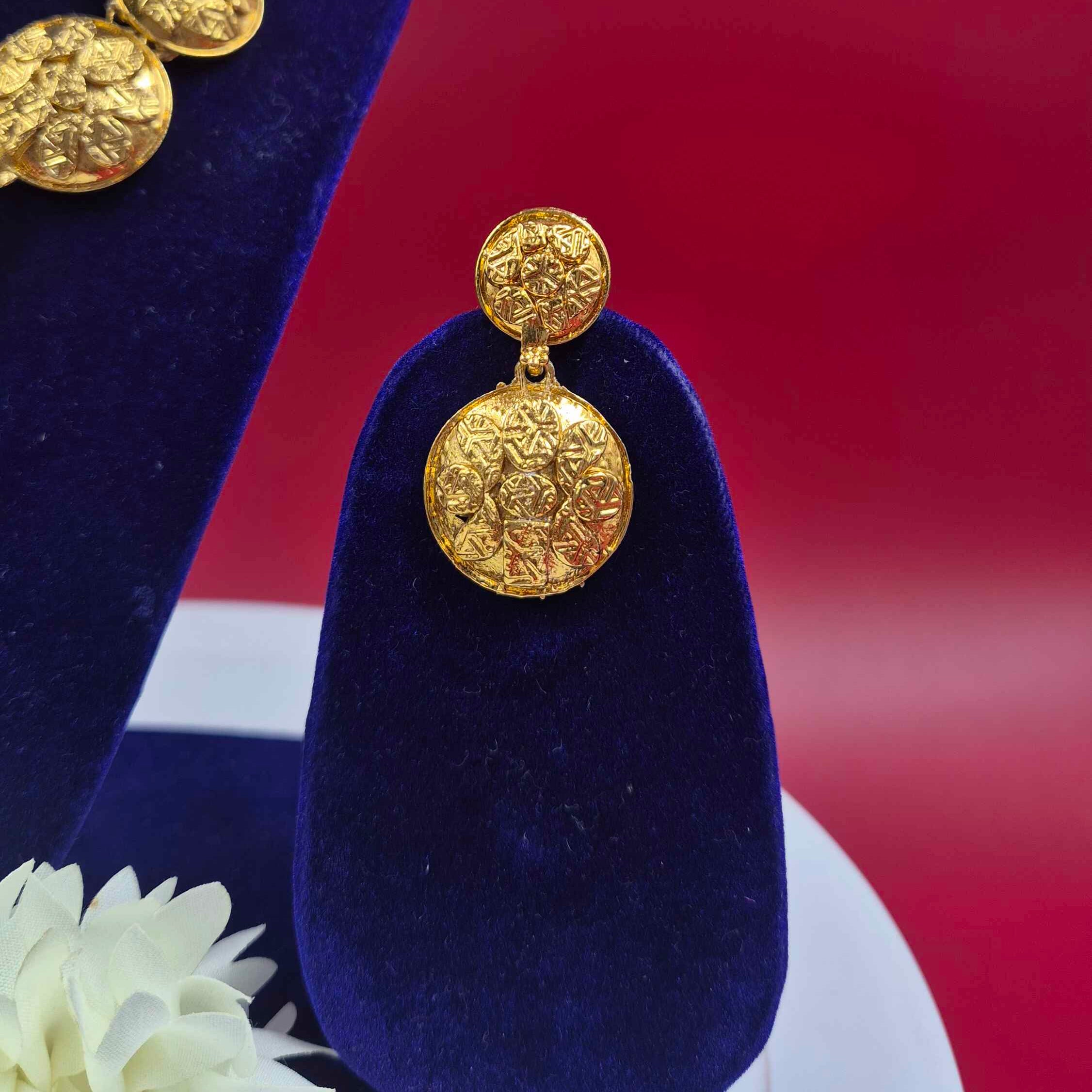 Premium Gold Textured Disc- Statement Necklace Set with Matching Drop Earrings