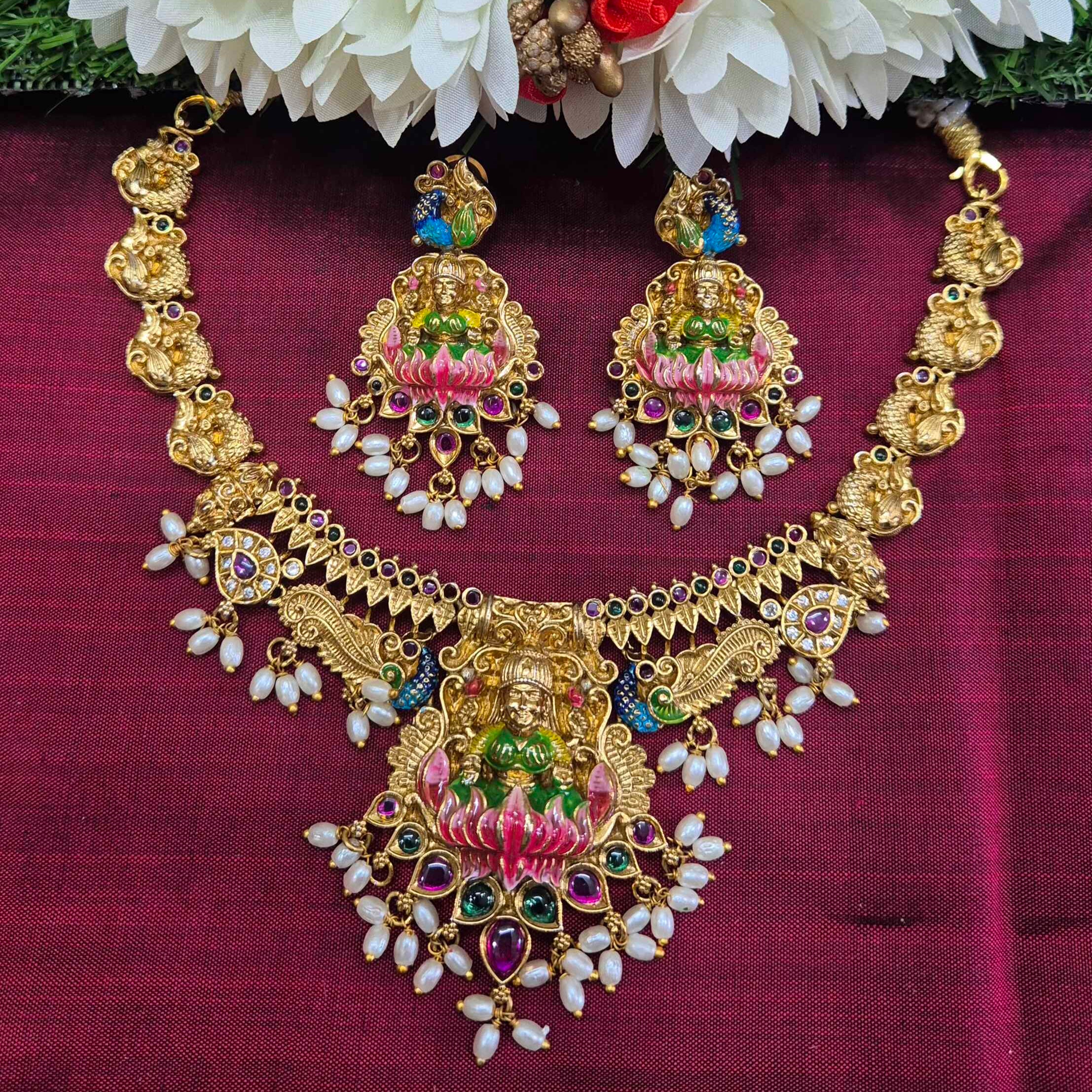 Antique Gold Lakshmi Temple Necklace Set with meenakari work ,with Pearl Drops & Matching Earrings  SEO Description: