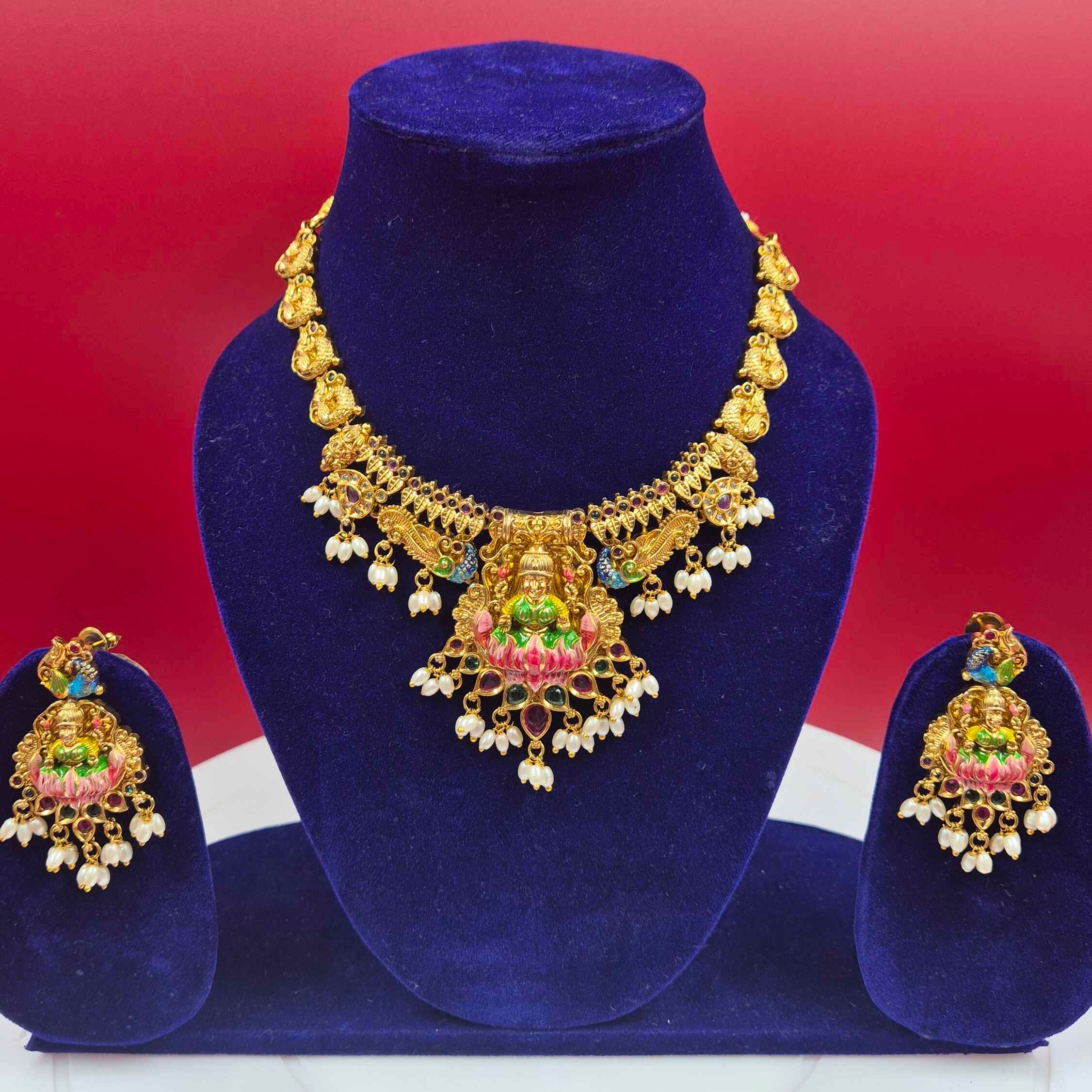 Antique Gold Lakshmi Temple Necklace Set with meenakari work ,with Pearl Drops & Matching Earrings  SEO Description: