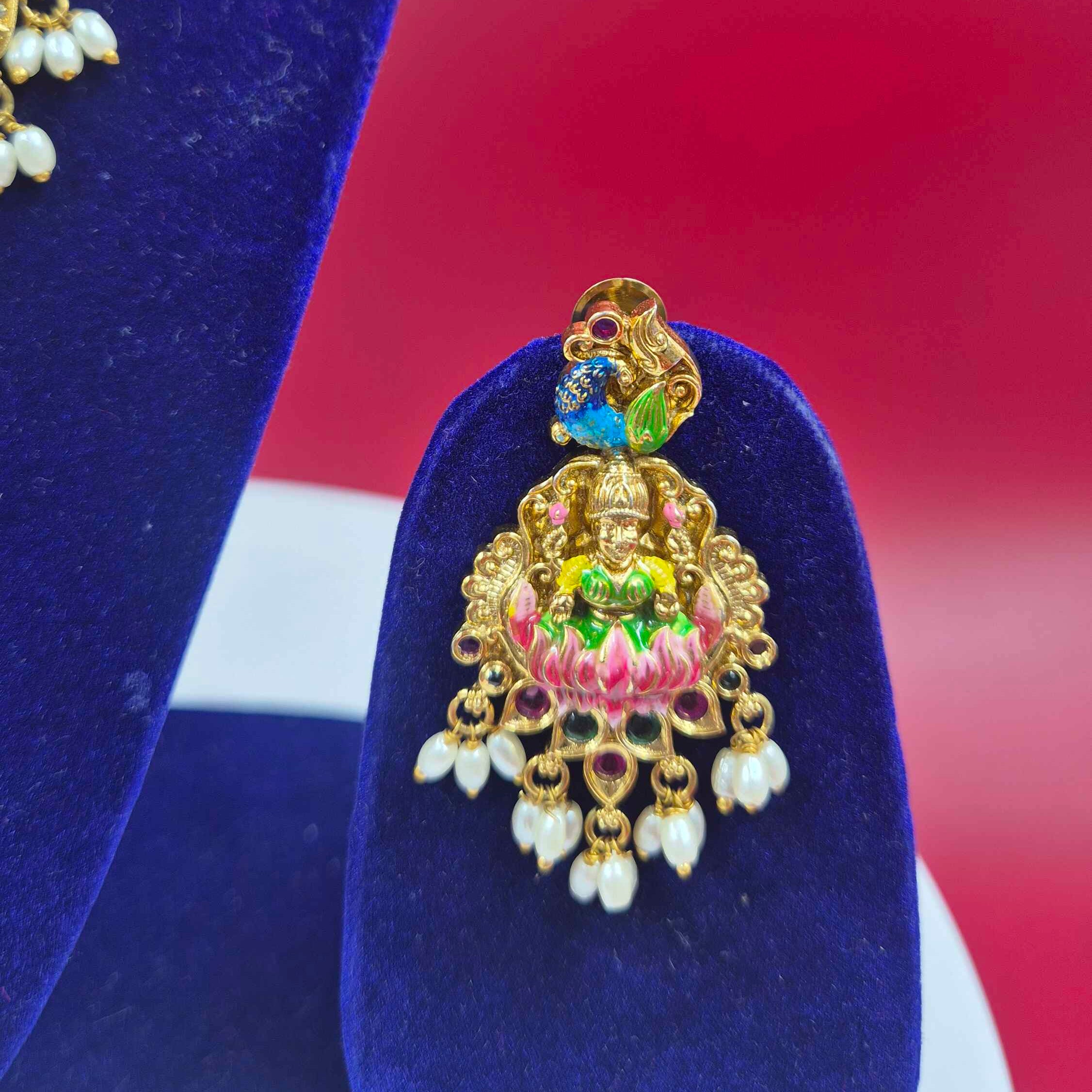 Antique Gold Lakshmi Temple Necklace Set with meenakari work ,with Pearl Drops & Matching Earrings  SEO Description: