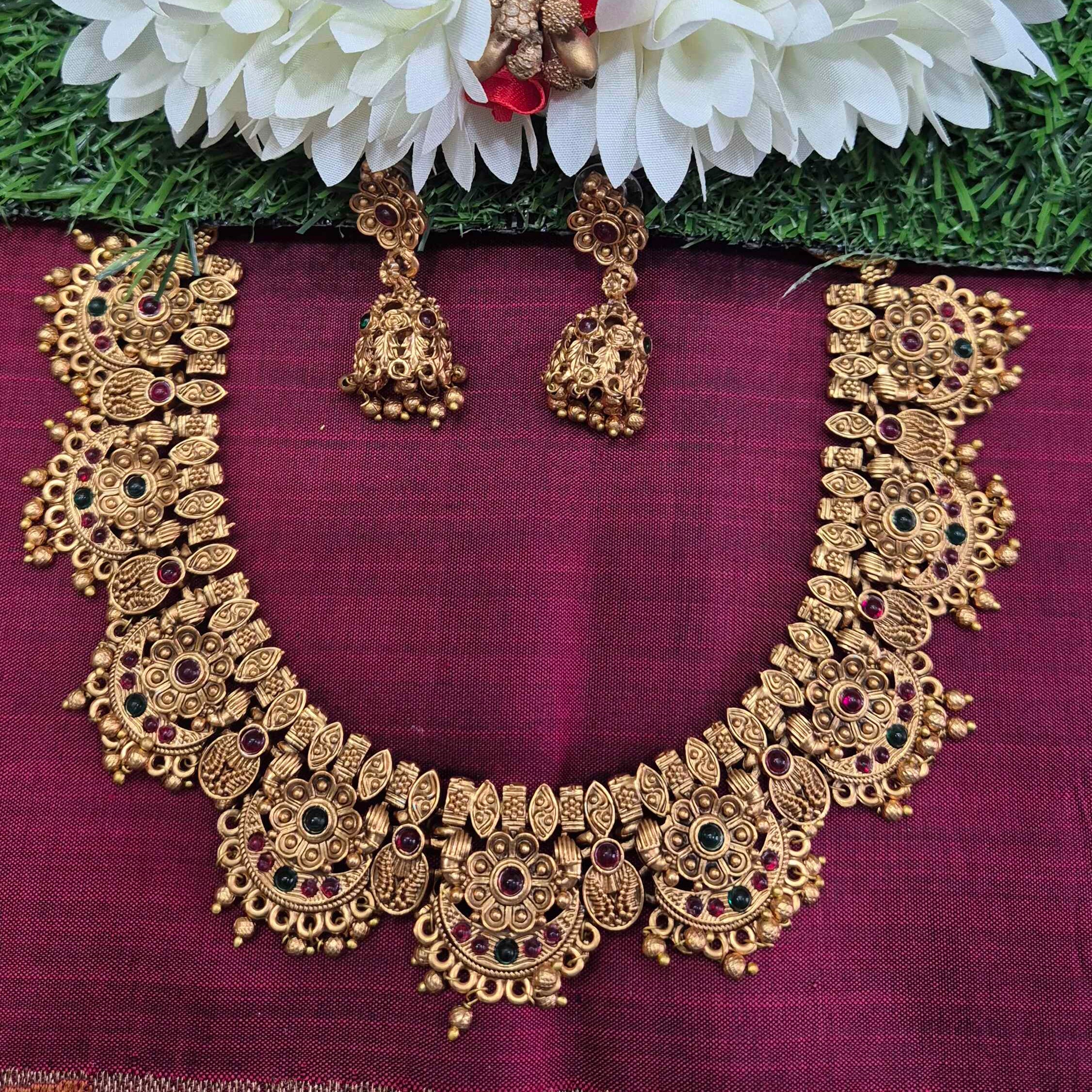Antique Gold Temple Choker Necklace Set with Ruby & Emerald Stones and Jhumka Earrings