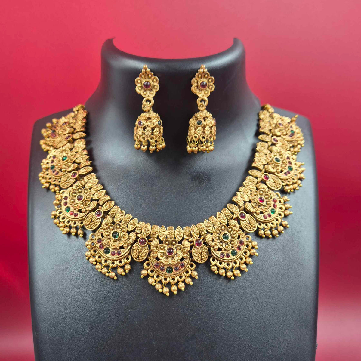 Antique Gold Temple Choker Necklace Set with Ruby & Emerald Stones and Jhumka Earrings