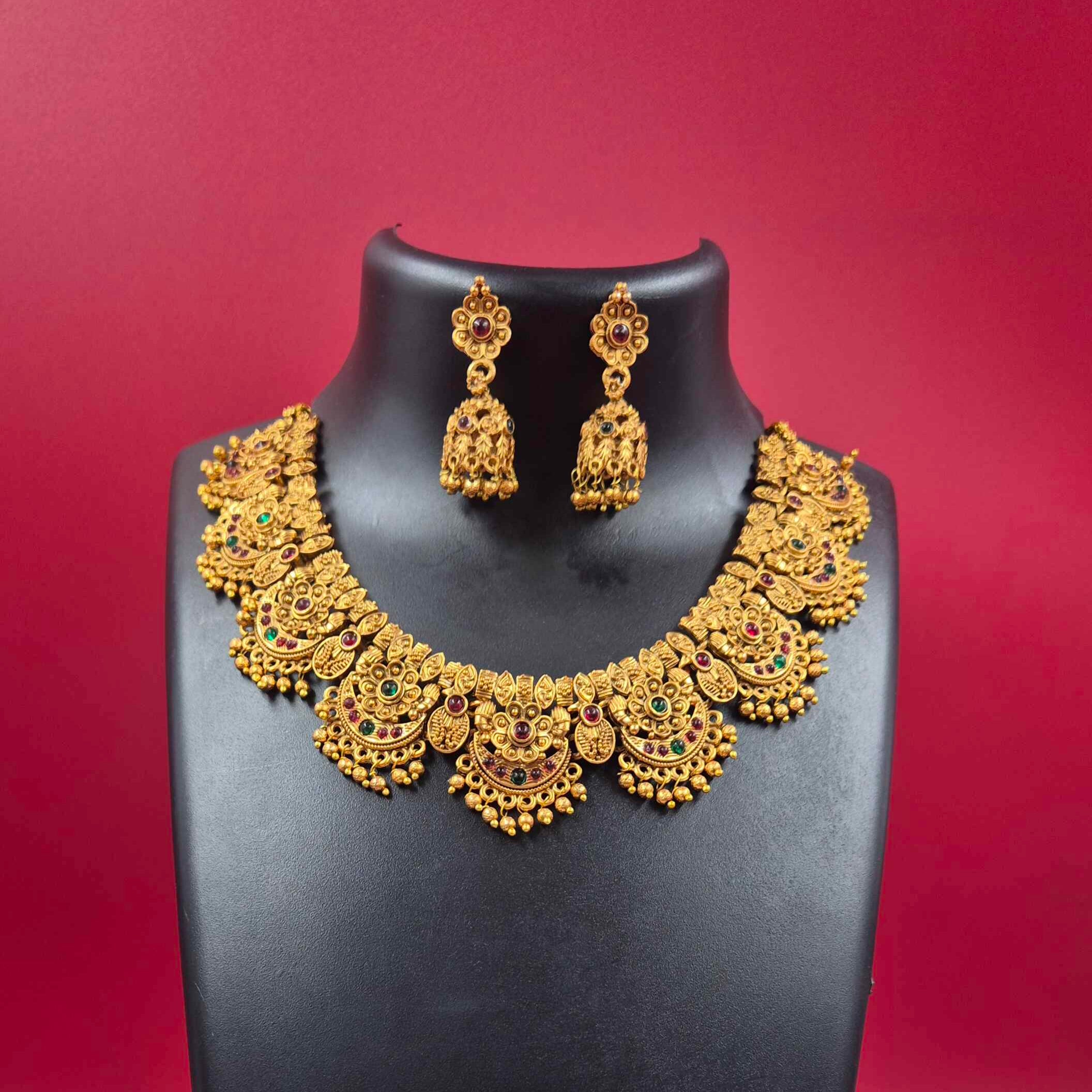 Antique Gold Temple Choker Necklace Set with Ruby & Emerald Stones and Jhumka Earrings