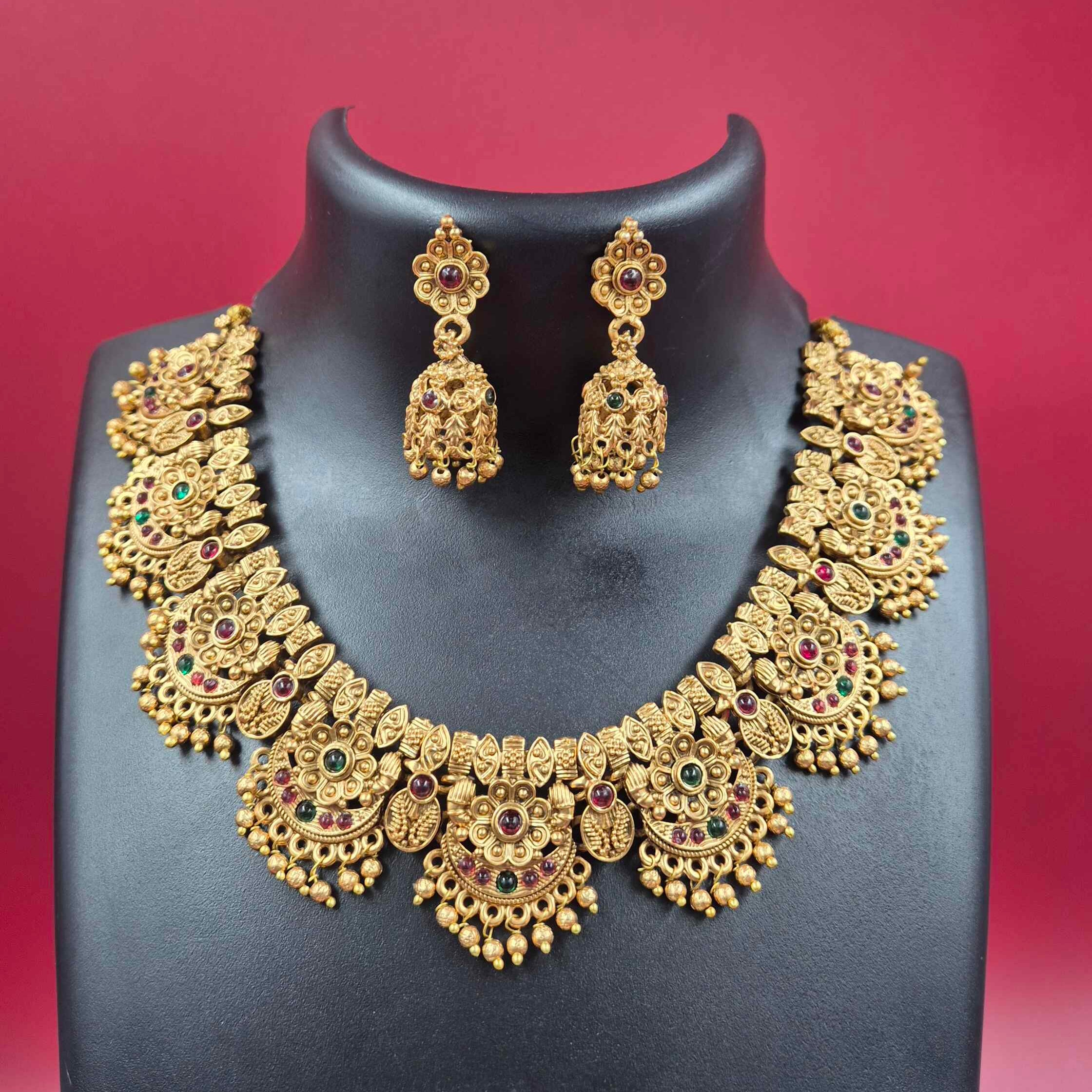 Antique Gold Temple Choker Necklace Set with Ruby & Emerald Stones and Jhumka Earrings
