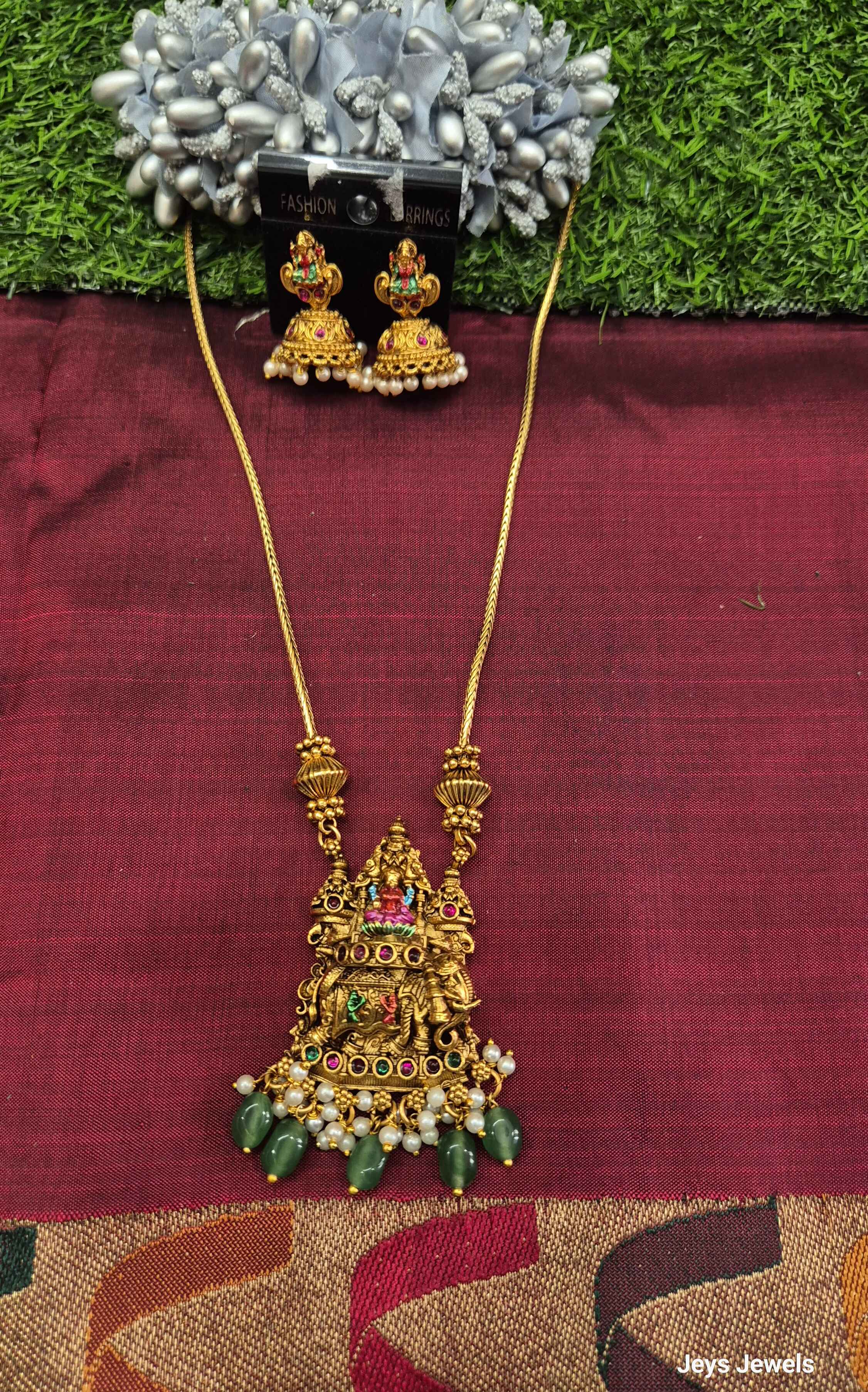 Antique Gold Lakshmi Temple Long Necklace Set with Green Bead Drops & Pearl Jhumka Earrings