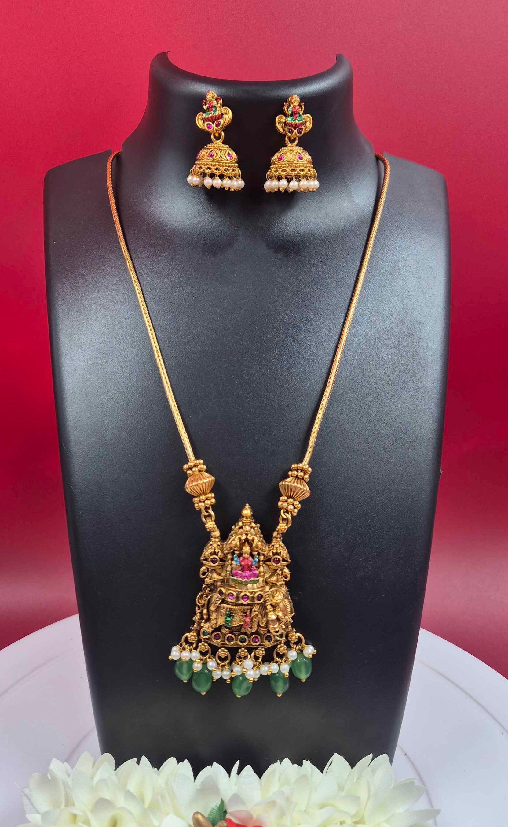 Antique Gold Lakshmi Temple Long Necklace Set with Green Bead Drops & Pearl Jhumka Earrings