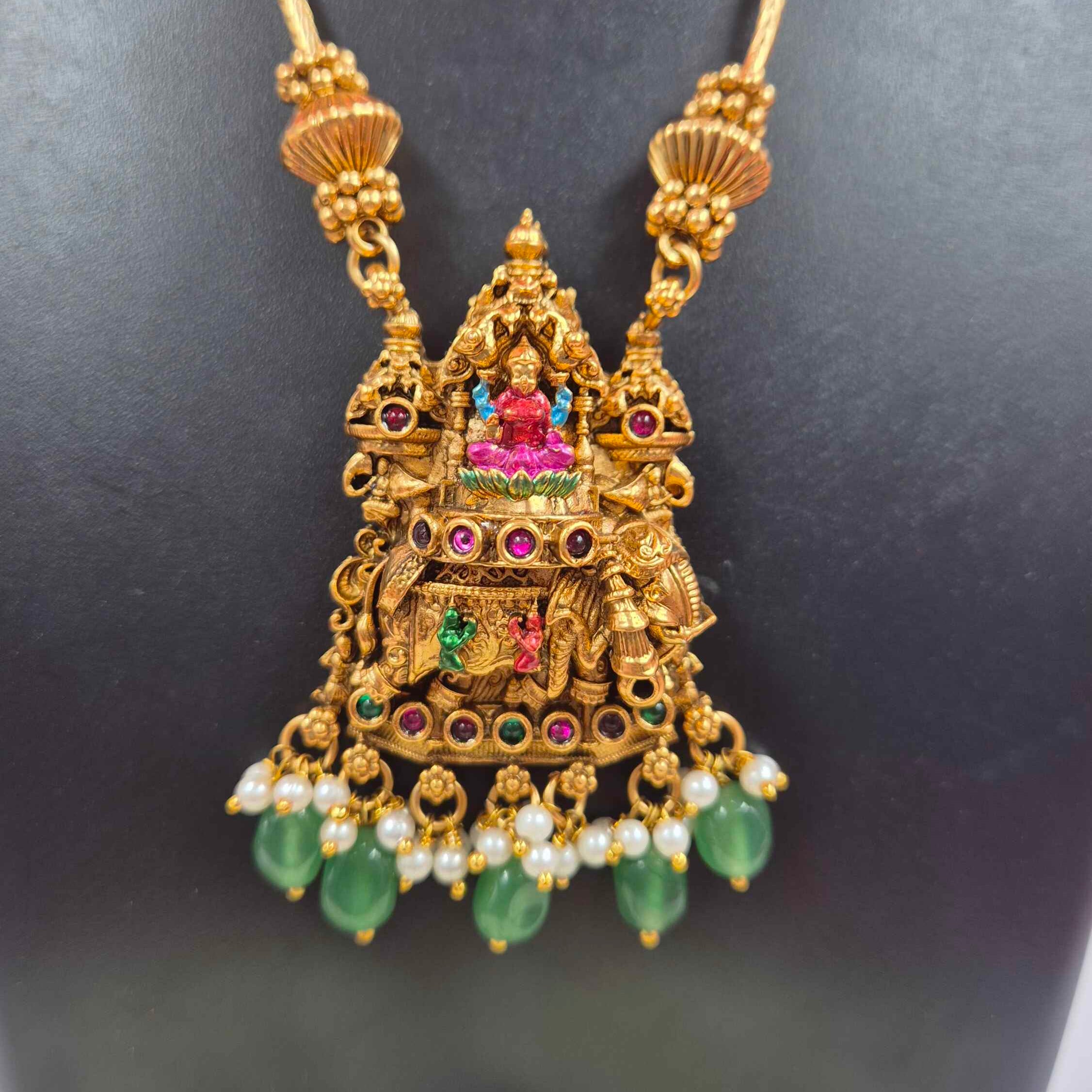 Antique Gold Lakshmi Temple Long Necklace Set with Green Bead Drops & Pearl Jhumka Earrings