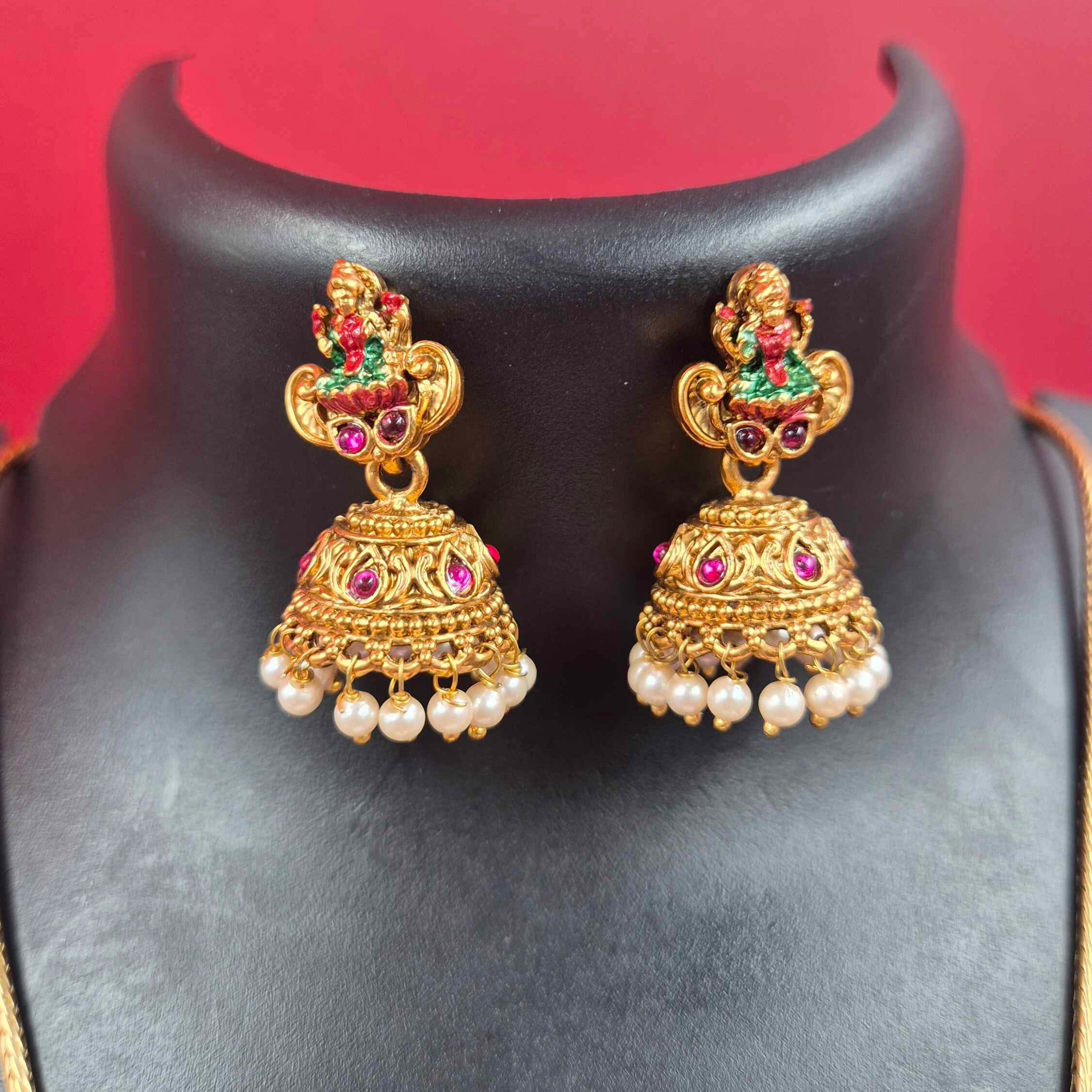 Antique Gold Lakshmi Temple Long Necklace Set with Green Bead Drops & Pearl Jhumka Earrings