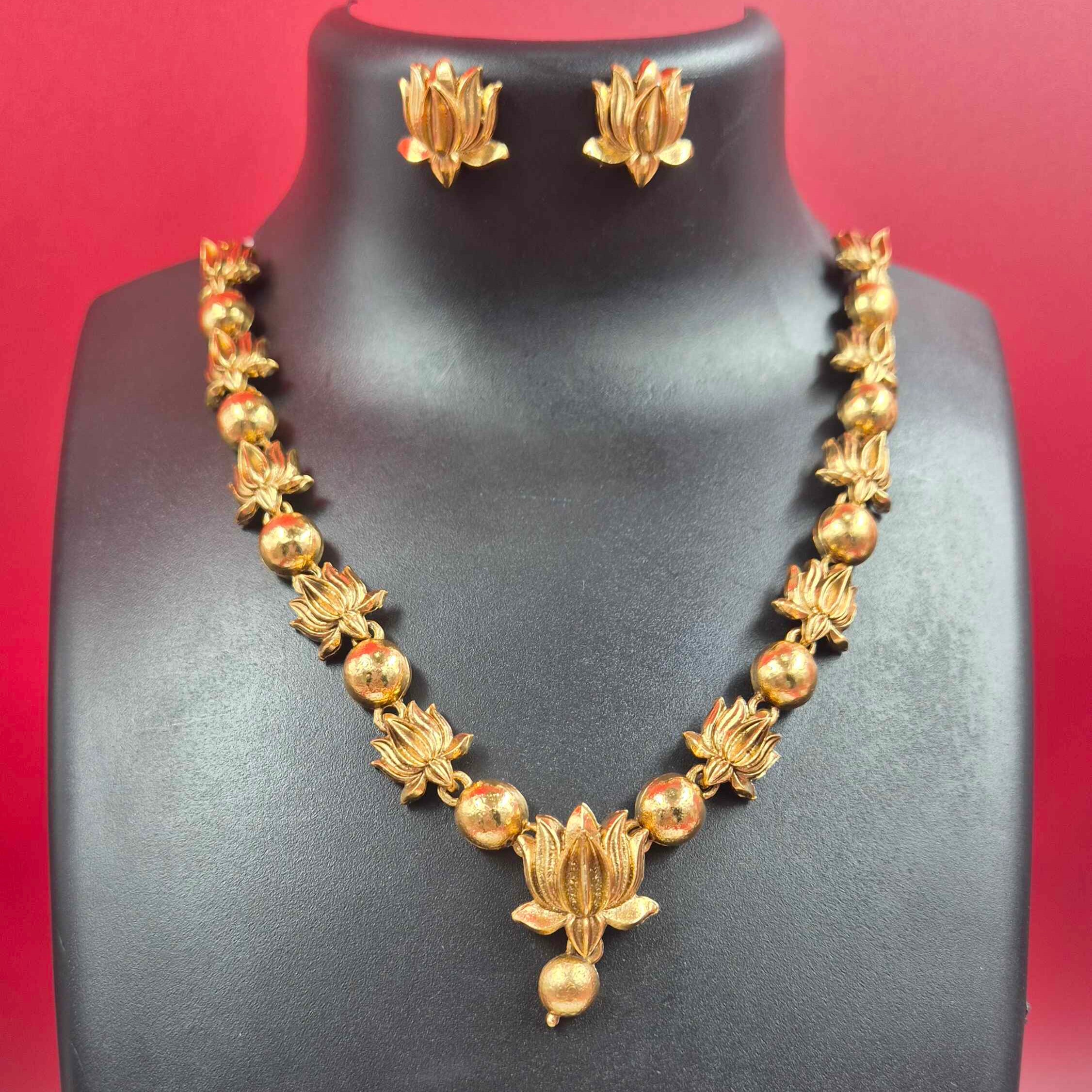 Gold Lotus Motif Necklace Set with Matching Lotus Stud Earrings