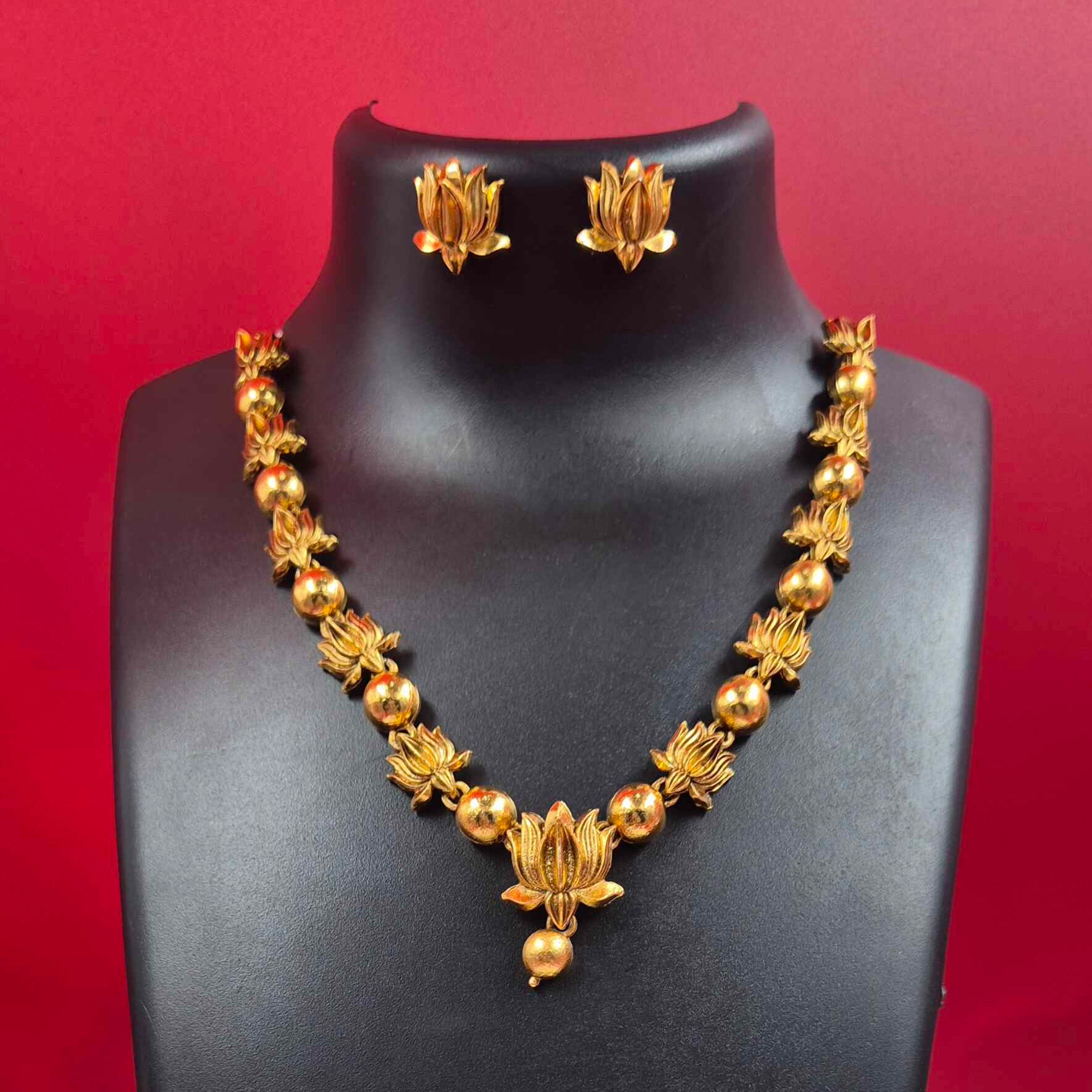 Gold Lotus Motif Necklace Set with Matching Lotus Stud Earrings