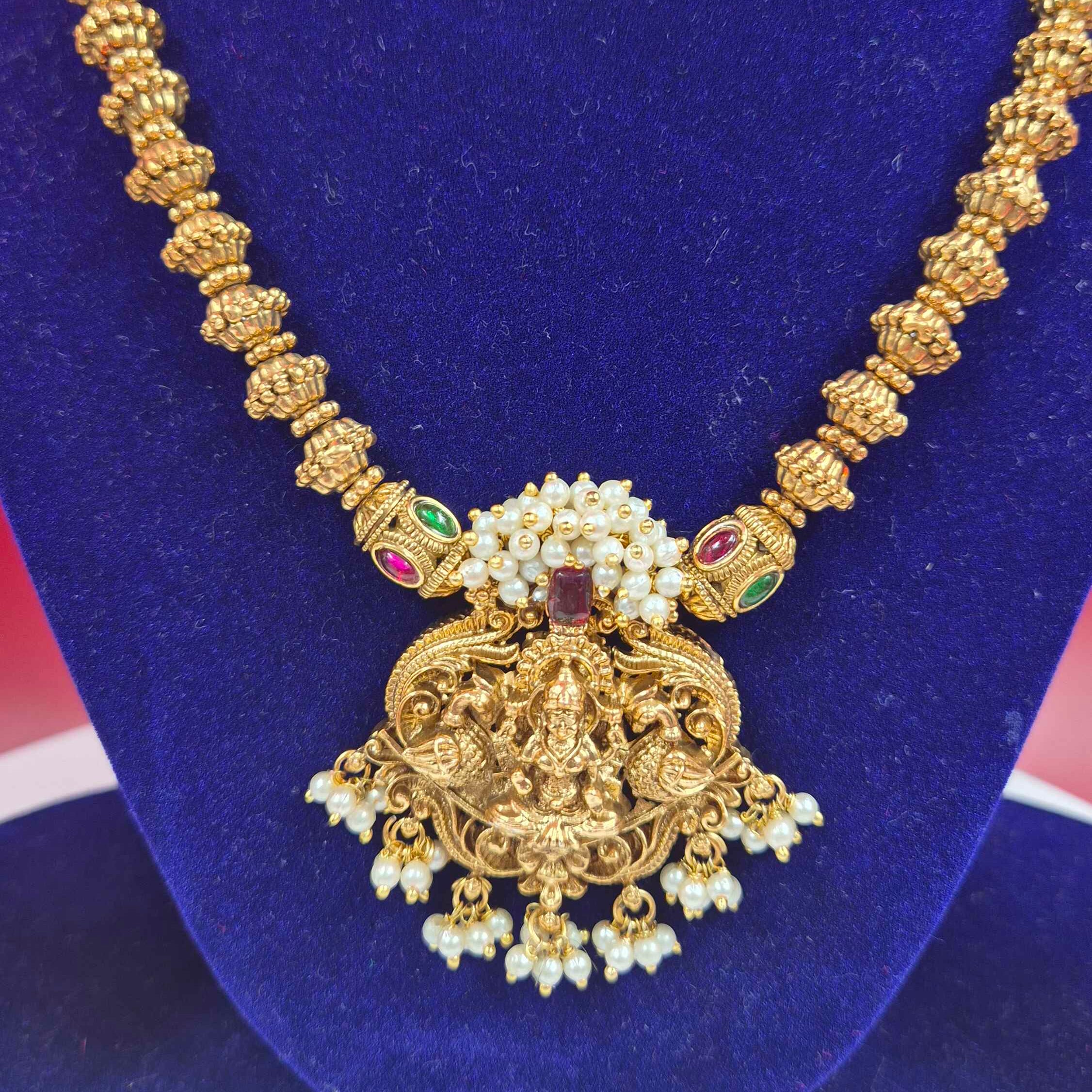 Antique Lakshmi Pendant Necklace Set with Pearl Drops – Traditional Temple Jewelry for Women