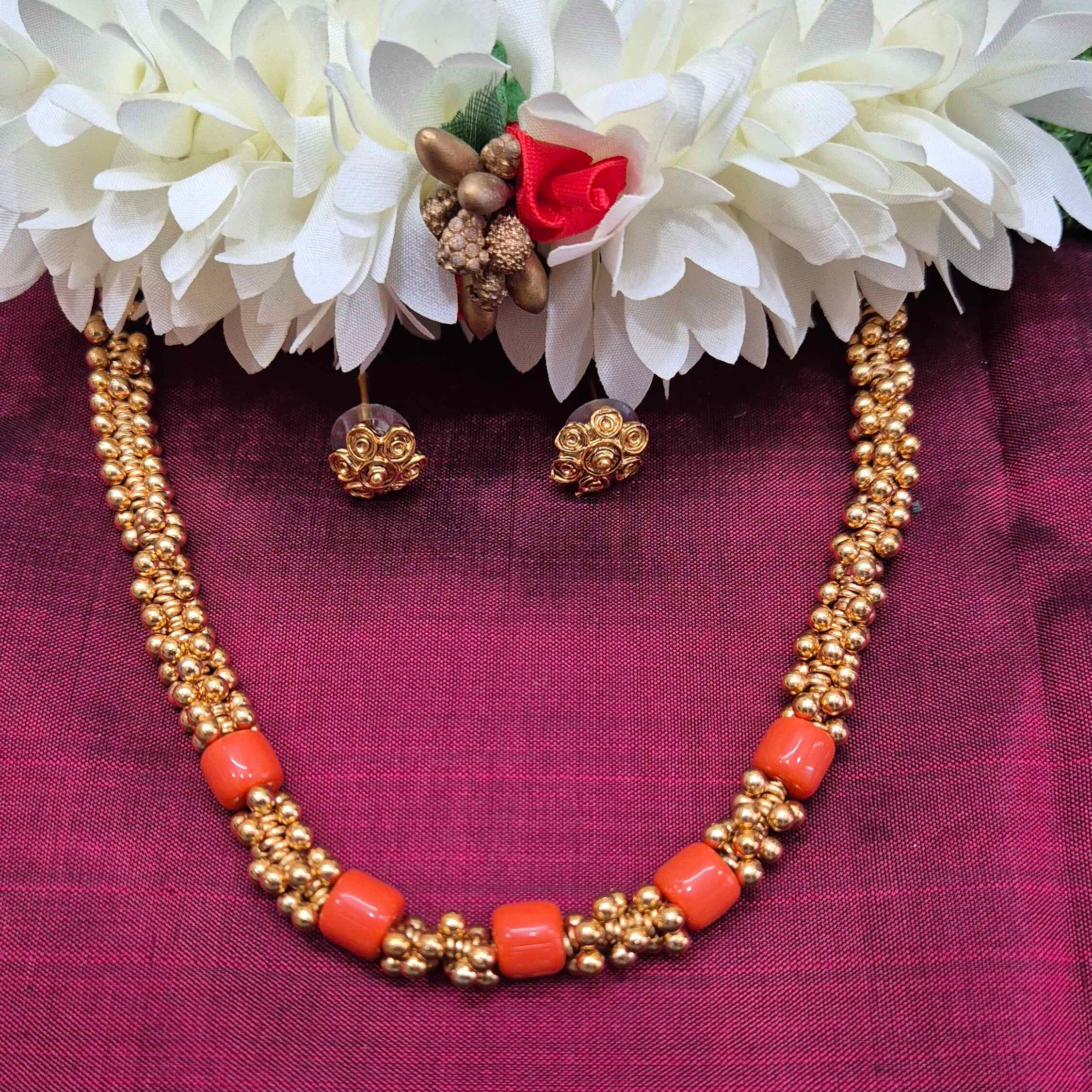 Antique Gold orange Coral Bead Necklace Set with Matching Floral Stud Earrings