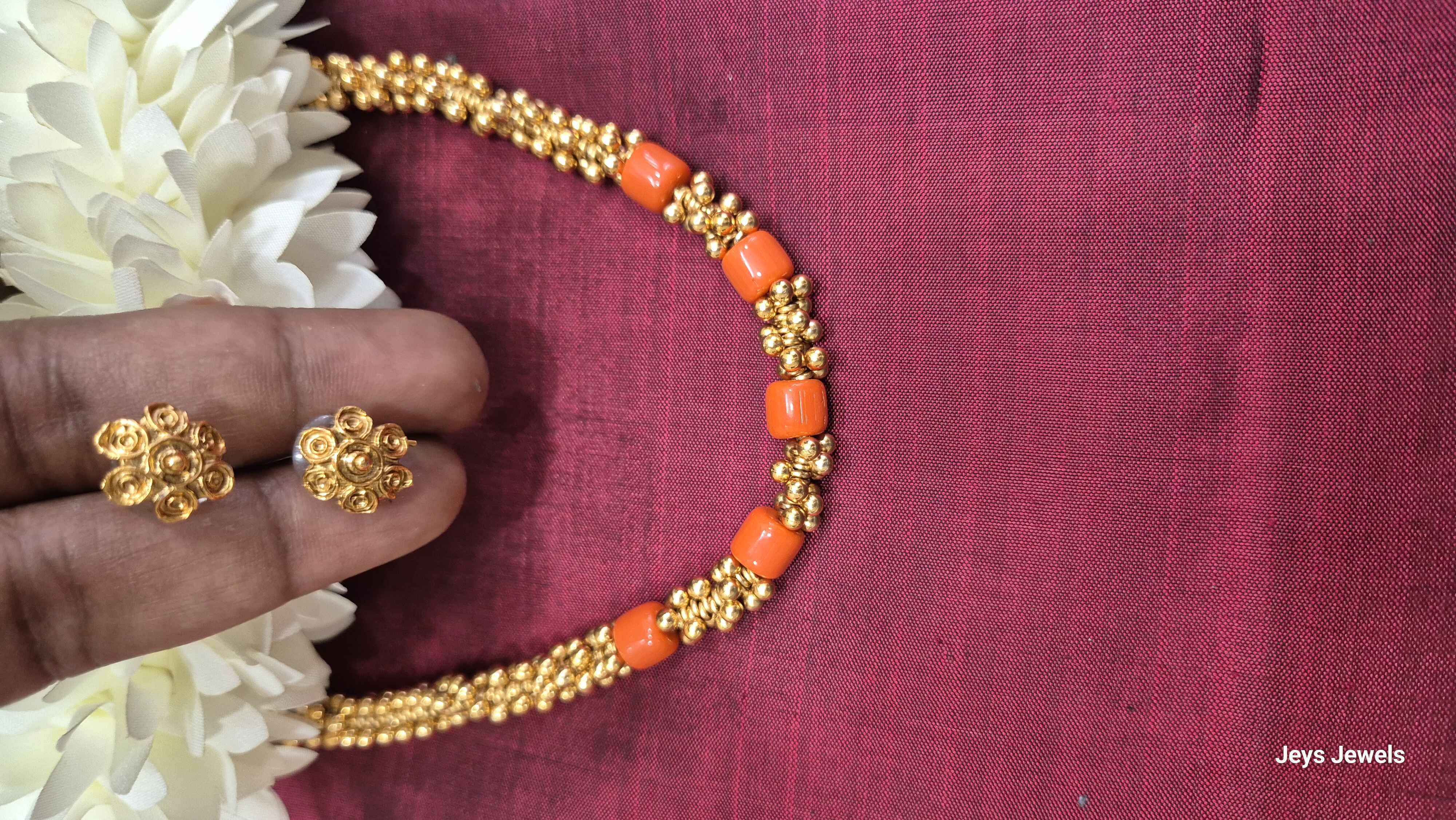 Antique Gold orange Coral Bead Necklace Set with Matching Floral Stud Earrings