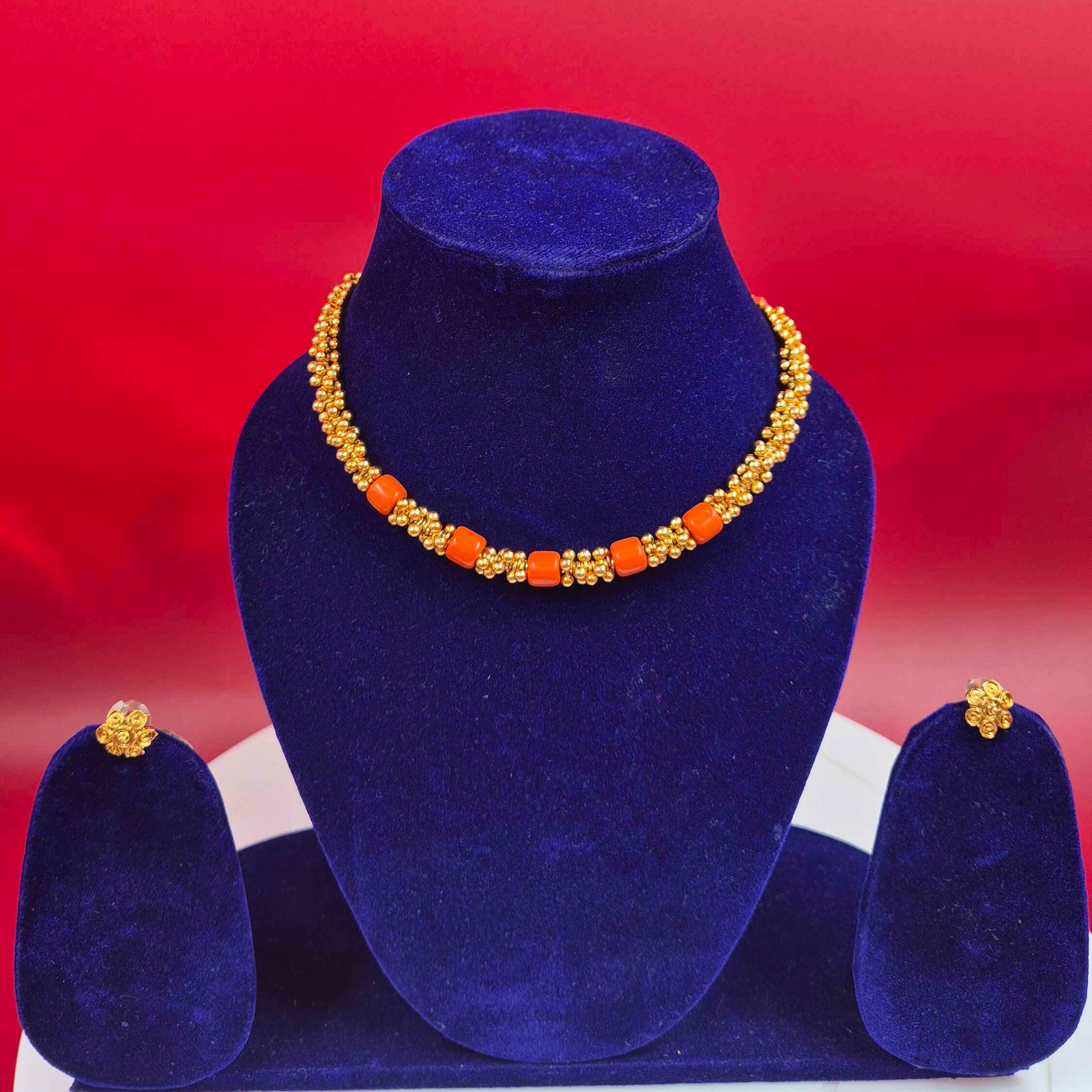Antique Gold orange Coral Bead Necklace Set with Matching Floral Stud Earrings