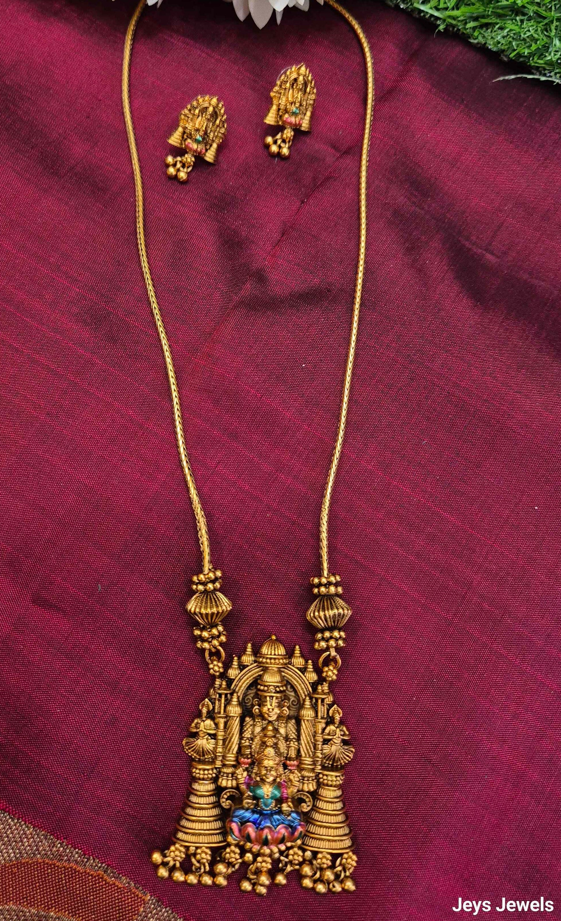 Antique Gold Lakshmi Temple Pendant Long Necklace Set with Matching Traditional Earrings