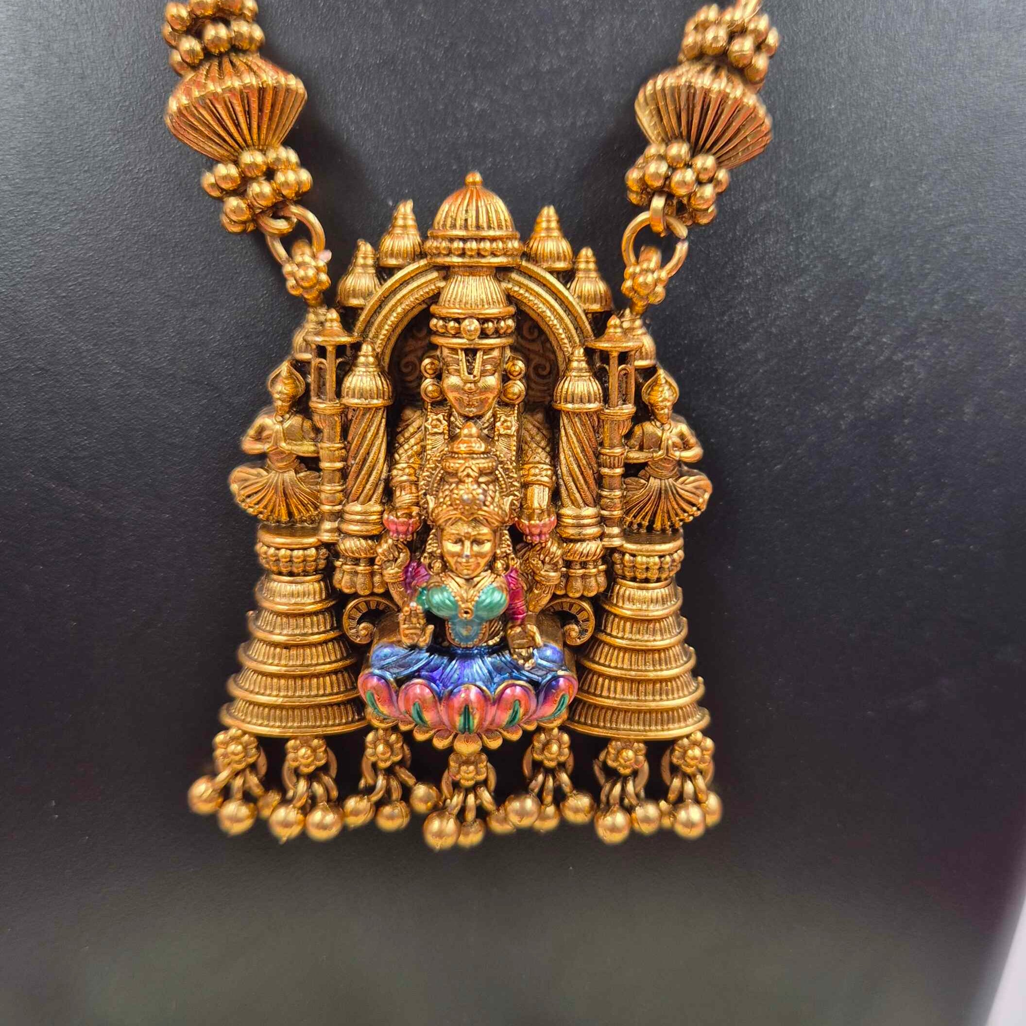 Antique Gold Lakshmi Temple Pendant Long Necklace Set with Matching Traditional Earrings