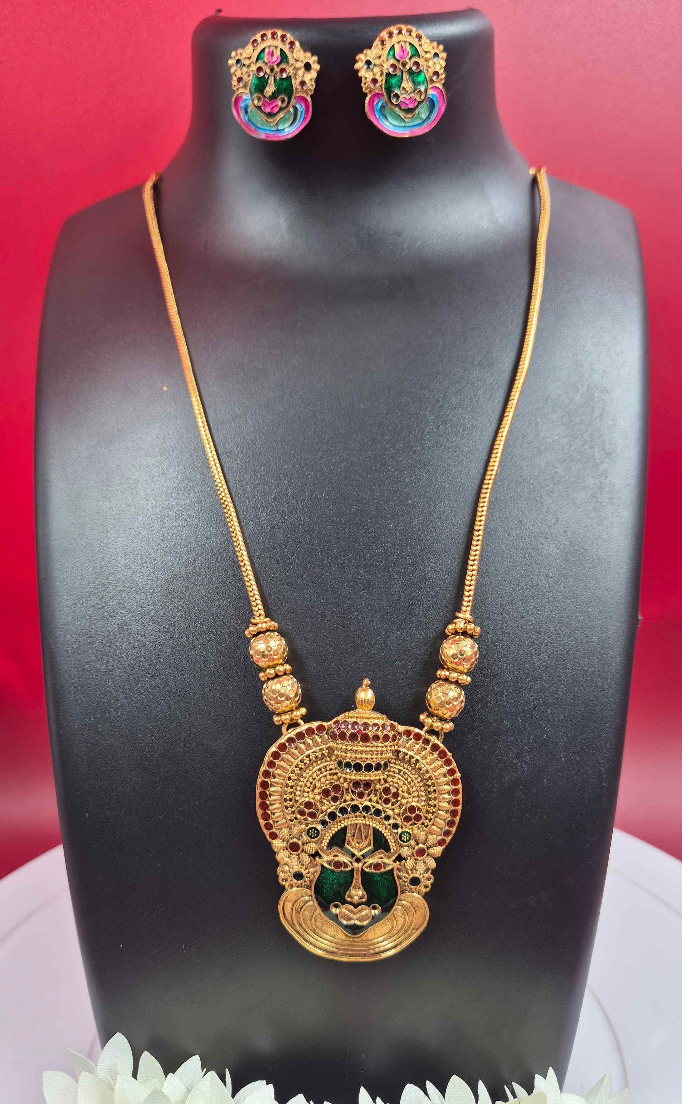 Antique Gold Kathakali Face Pendant Long Necklace Set with Matching Designer Earrings