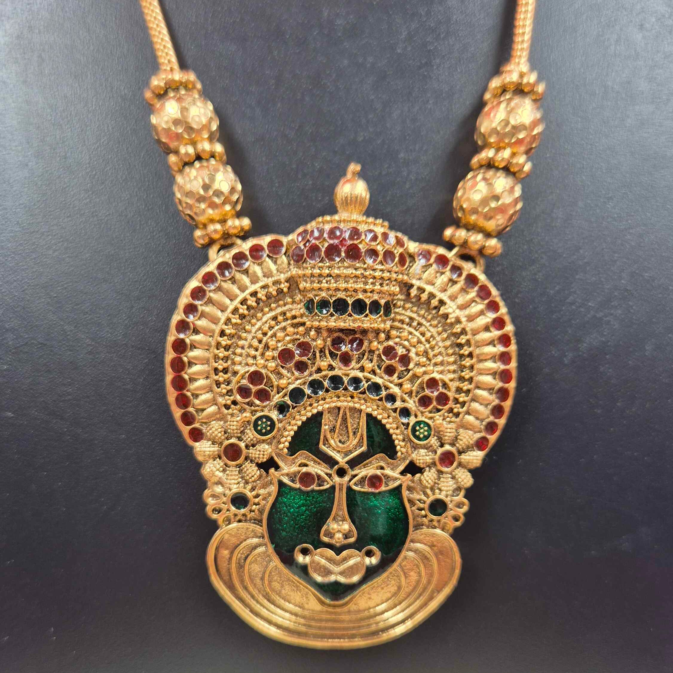 Antique Gold Kathakali Face Pendant Long Necklace Set with Matching Designer Earrings