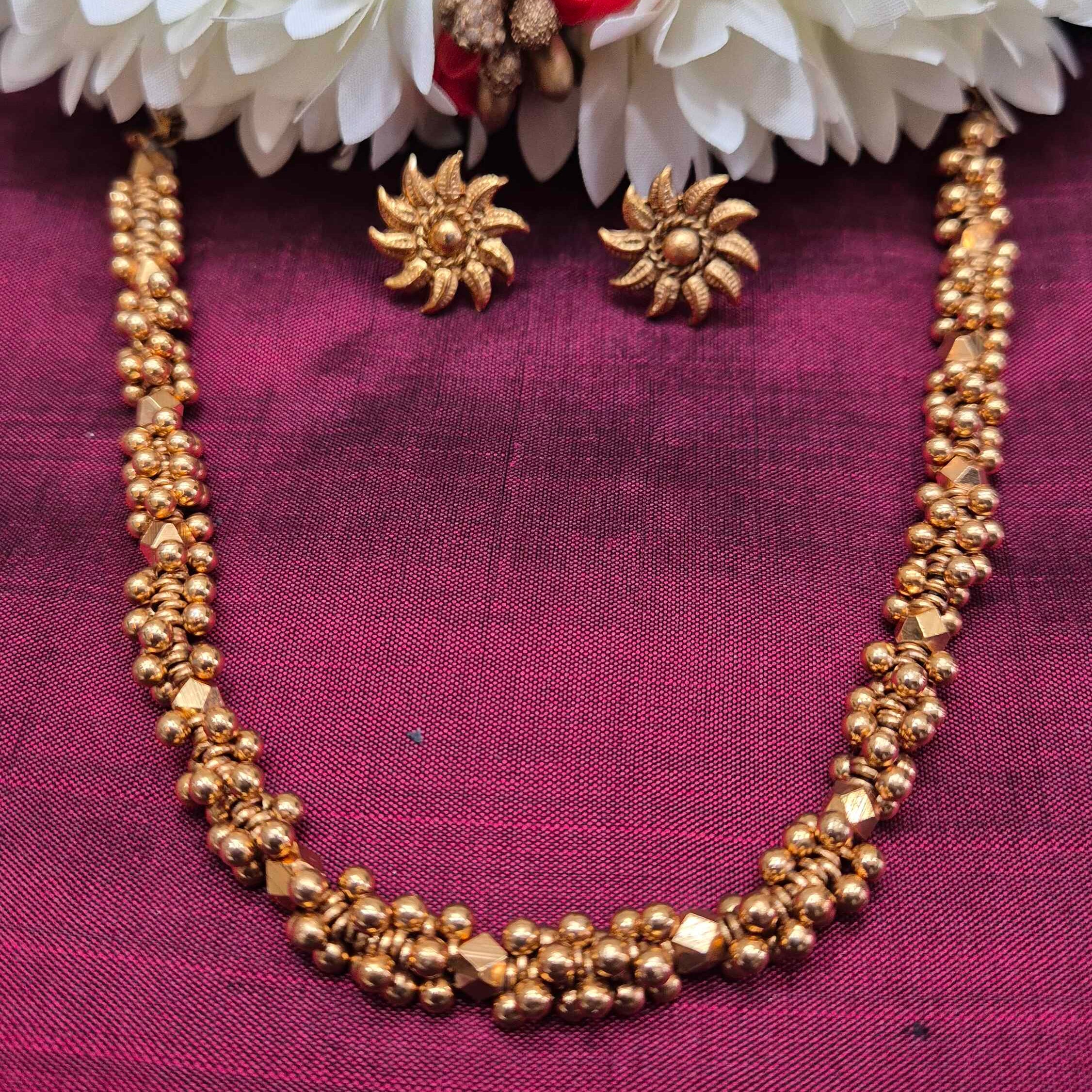 Antique Gold Beaded Necklace Set – Traditional Lightweight Ethnic Jewelry