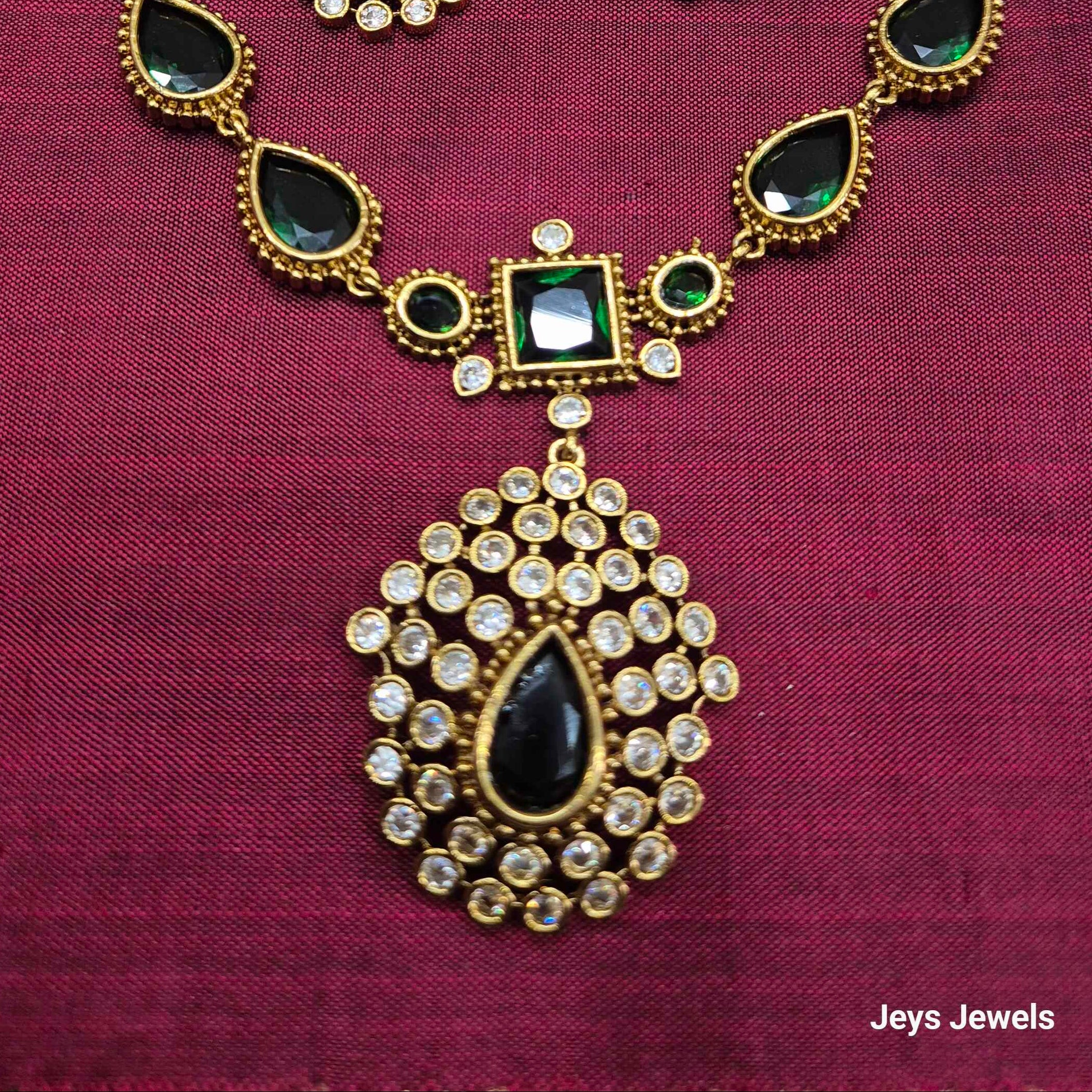 Emerald Green Stone AD Pendant Necklace Set with Earrings – Antique Gold Traditional Jewelry