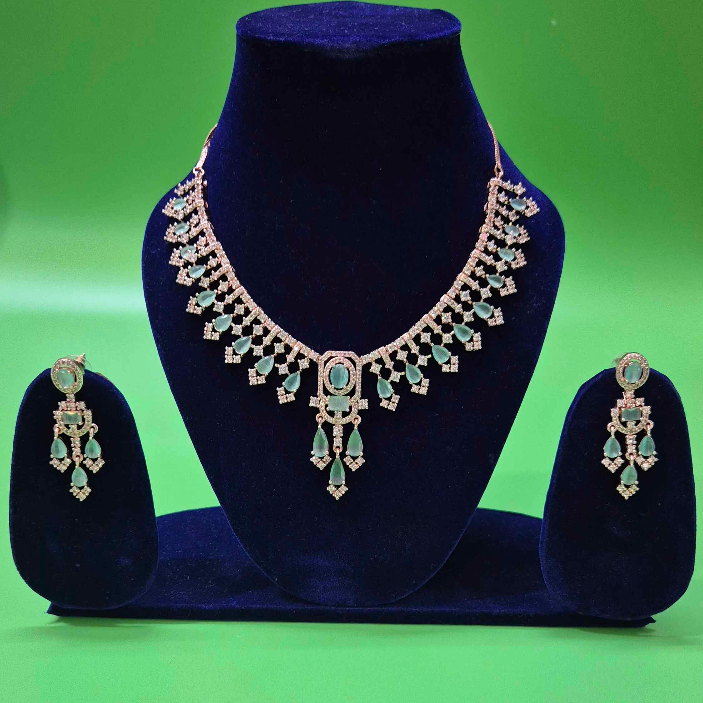 Premium Mint Green Crystal Necklace Set with American Diamond Stones – Elegant Party Wear Jewelry