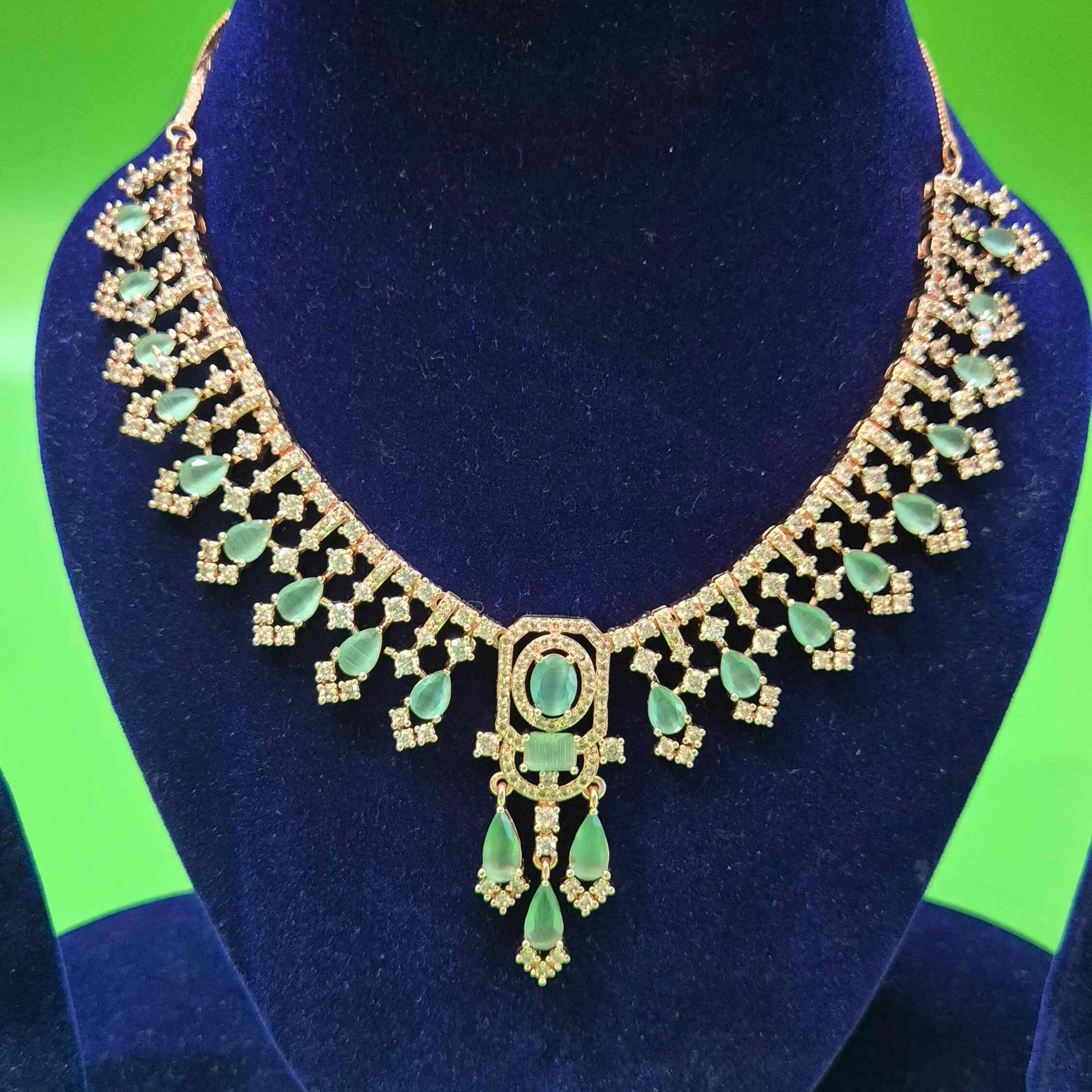 Premium Mint Green Crystal Necklace Set with American Diamond Stones – Elegant Party Wear Jewelry