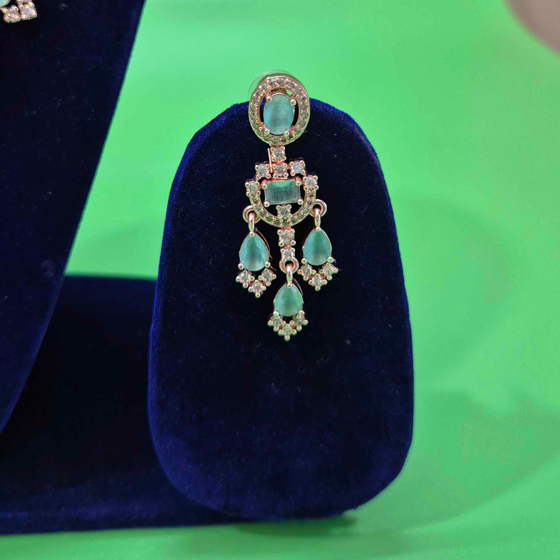 Premium Mint Green Crystal Necklace Set with American Diamond Stones – Elegant Party Wear Jewelry