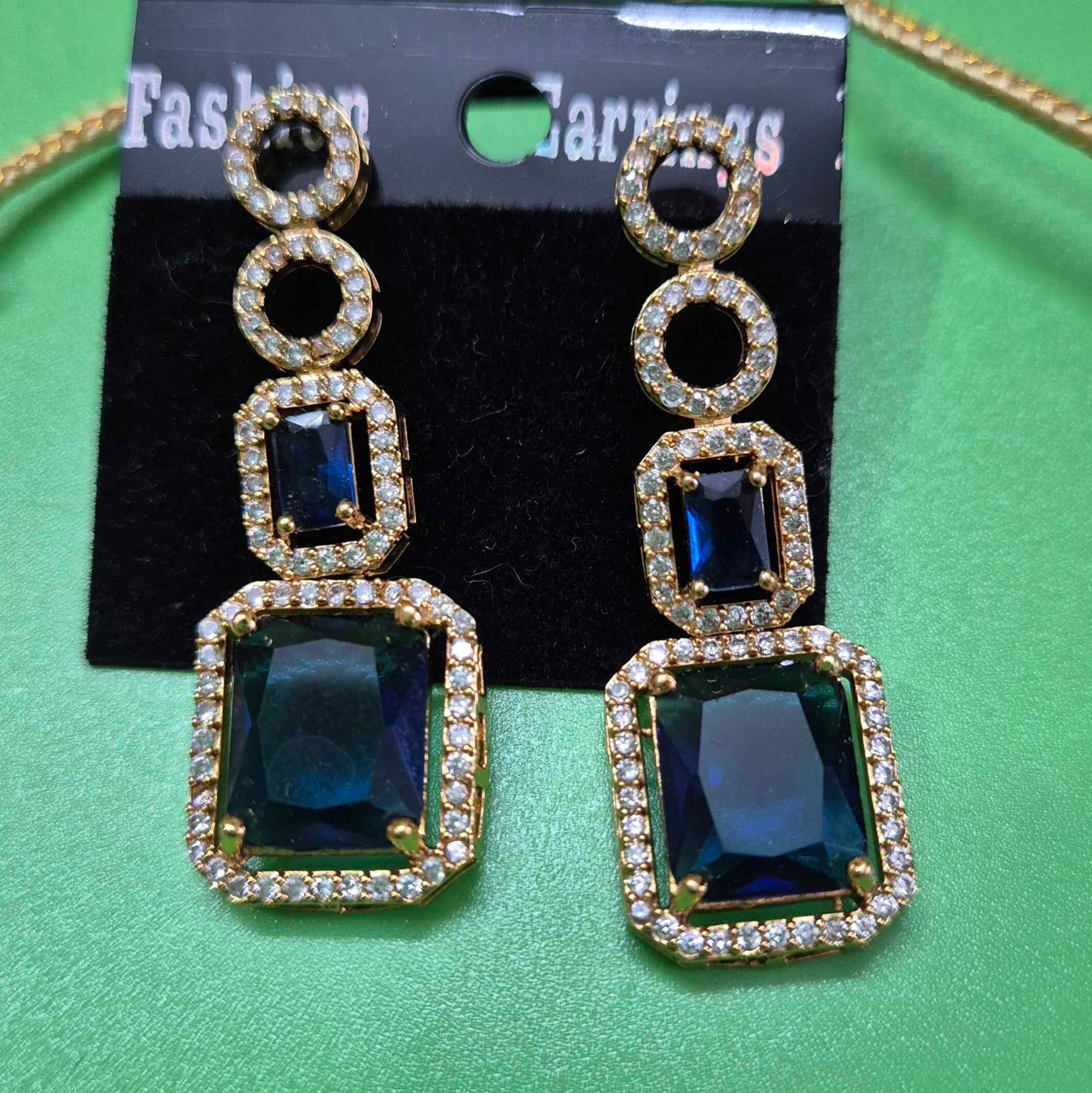 Royal Blue Stone AD Necklace Set with Earrings – Luxury Crystal Party Wear Jewelry