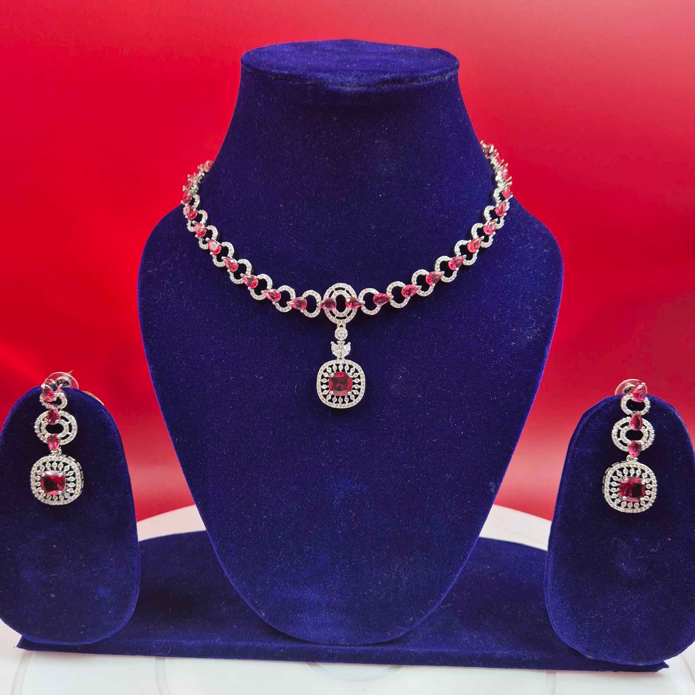 Ruby Red Crystal Choker Necklace with American Diamond Pendant – Elegant Party Wear Jewelry