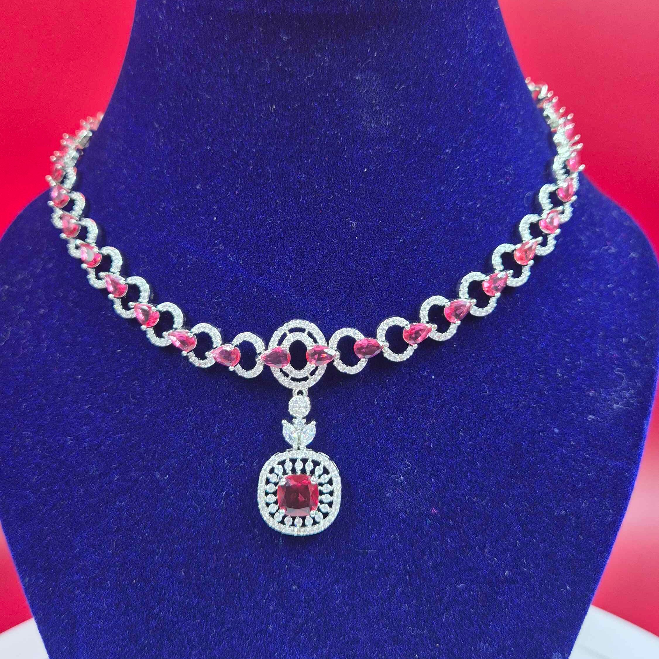 Ruby Red Crystal Choker Necklace with American Diamond Pendant – Elegant Party Wear Jewelry