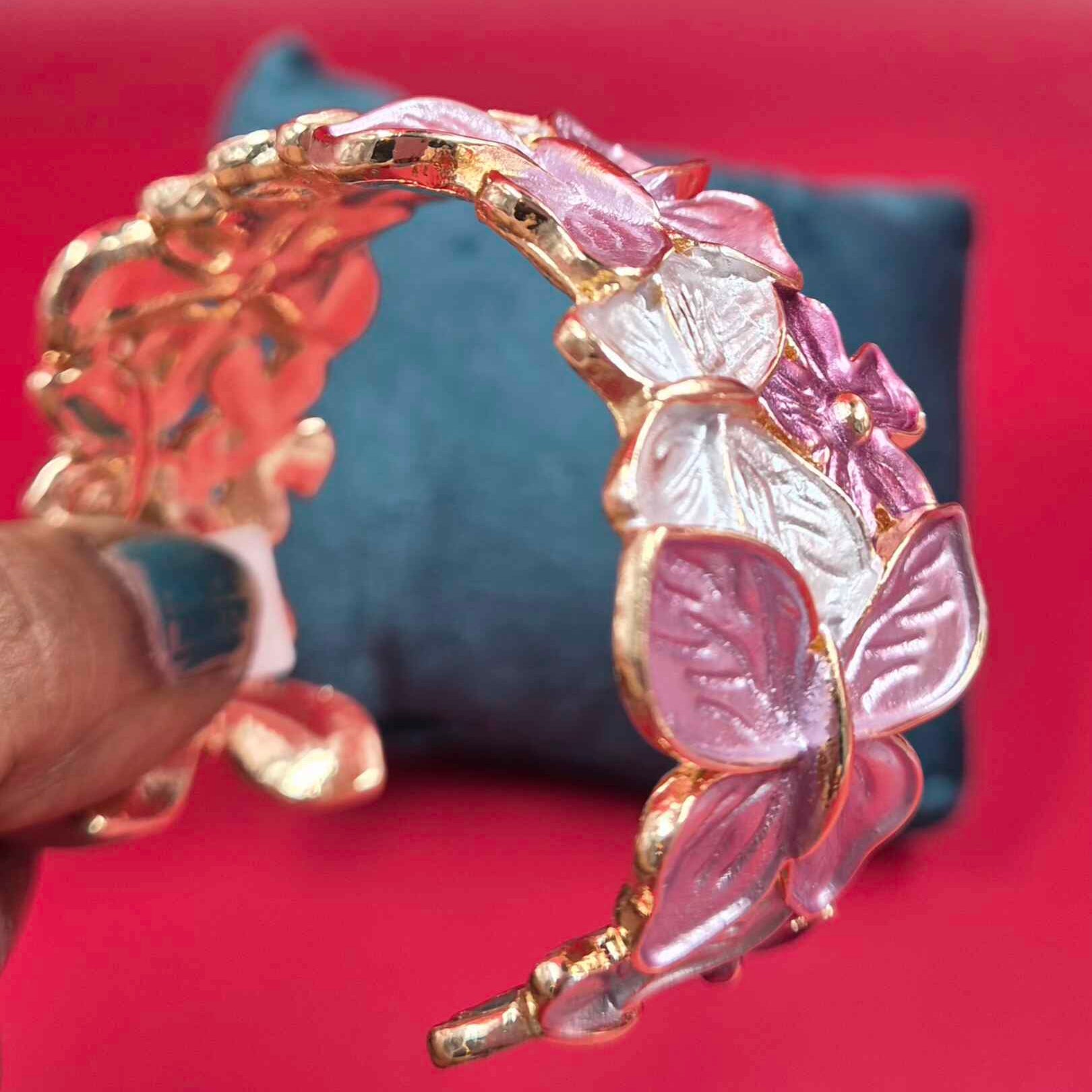 Elegant Butterfly Floral Kada Bangle for Women | Pink Enamel Designer Statement Bracelet