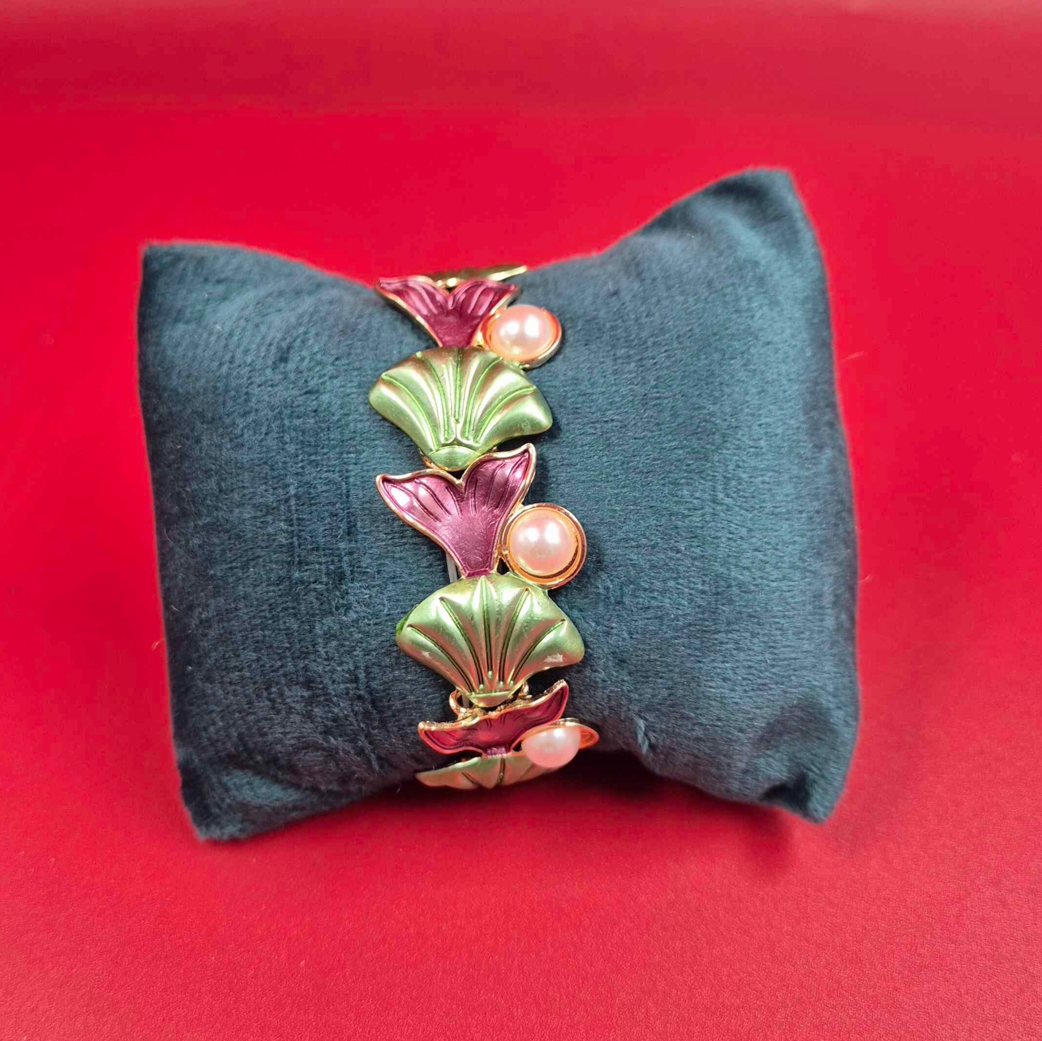 Elegant Pearl & Floral Shell Design Kada Bangle for Women | Gold-Tone Statement Bracelet