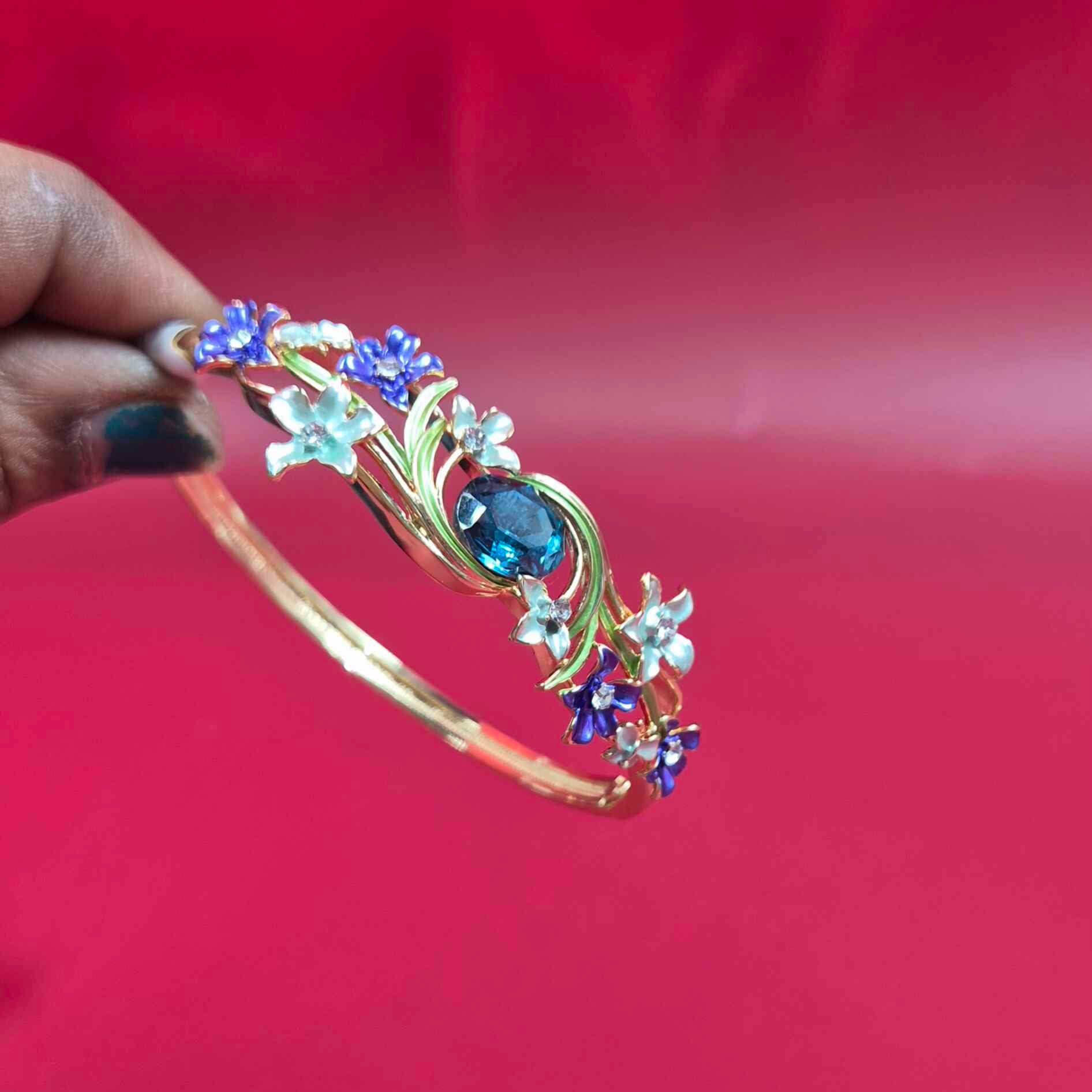 Elegant Blue Floral Stone Kada Bangle for Women | Gold-Tone Designer Open Cuff Bracelet
