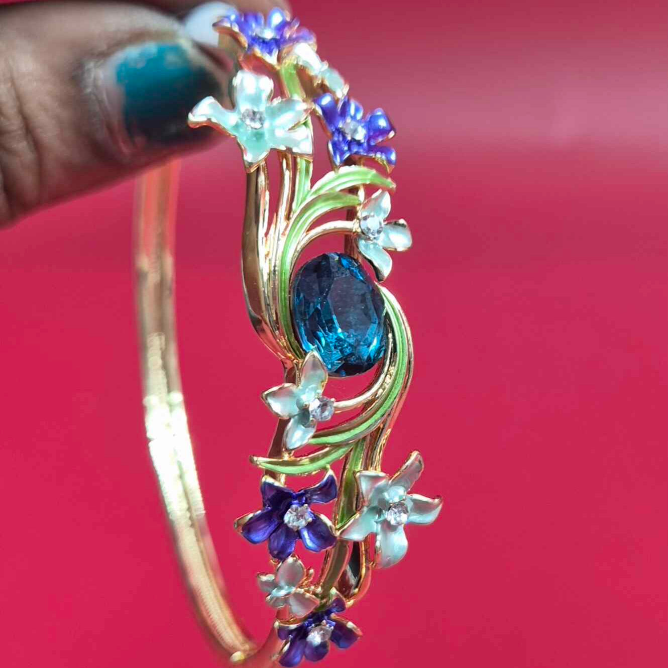 Elegant Blue Floral Stone Kada Bangle for Women | Gold-Tone Designer Open Cuff Bracelet