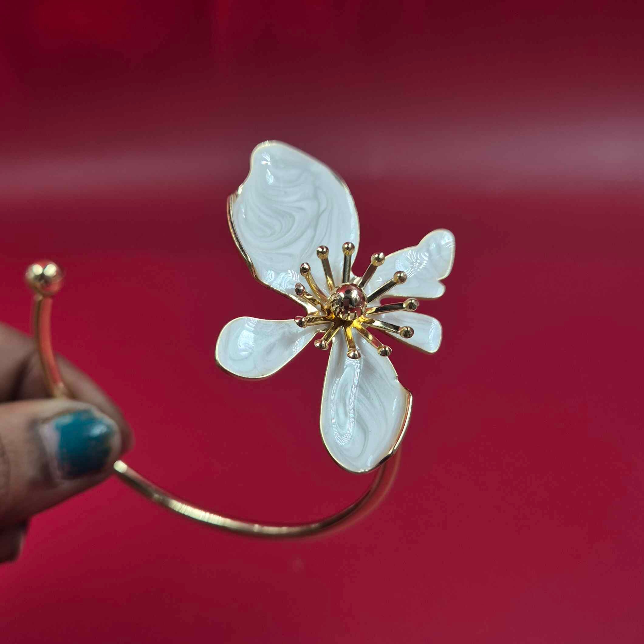 Elegant White Floral Open Cuff Kada Bangle for Women | Gold-Tone Designer Statement Bracelet