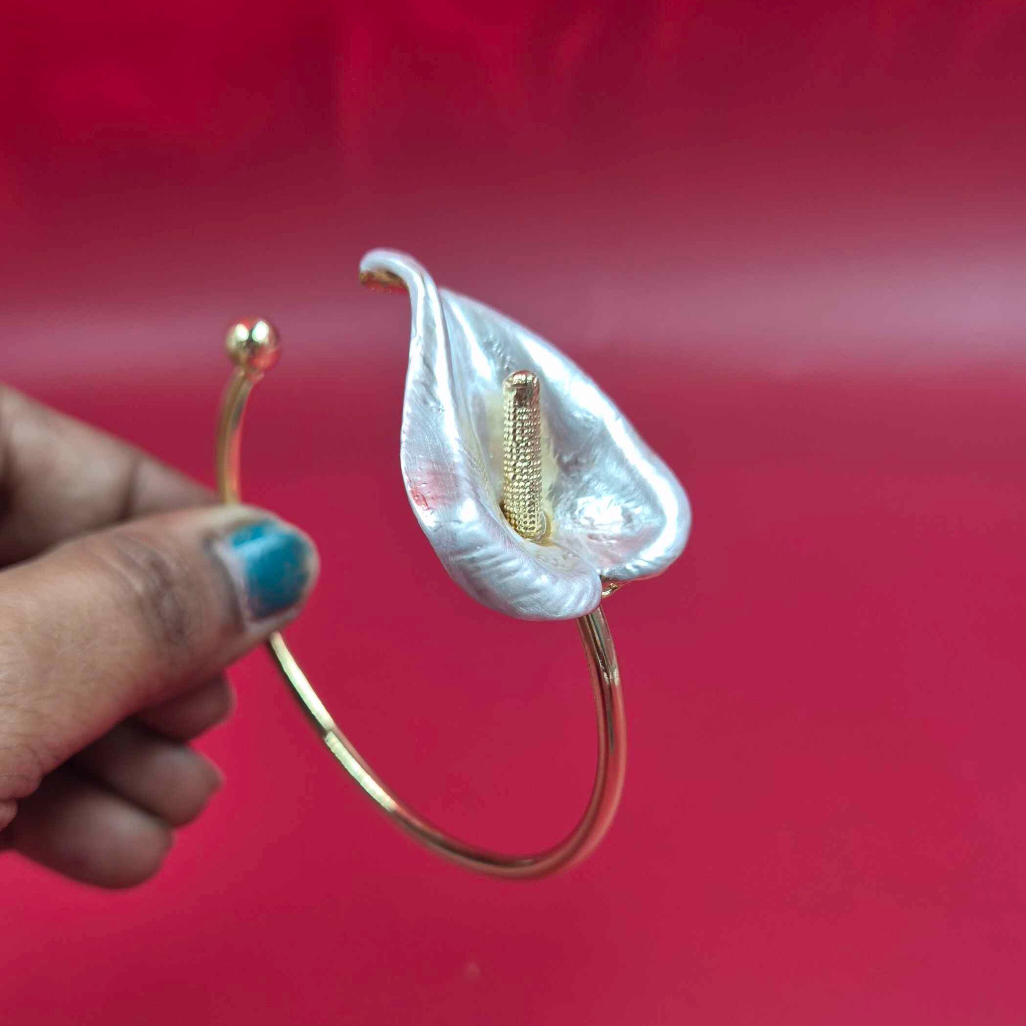 Elegant White Calla Lily Cuff Bracelet for Women | Gold-Tone Floral Statement Bracelet